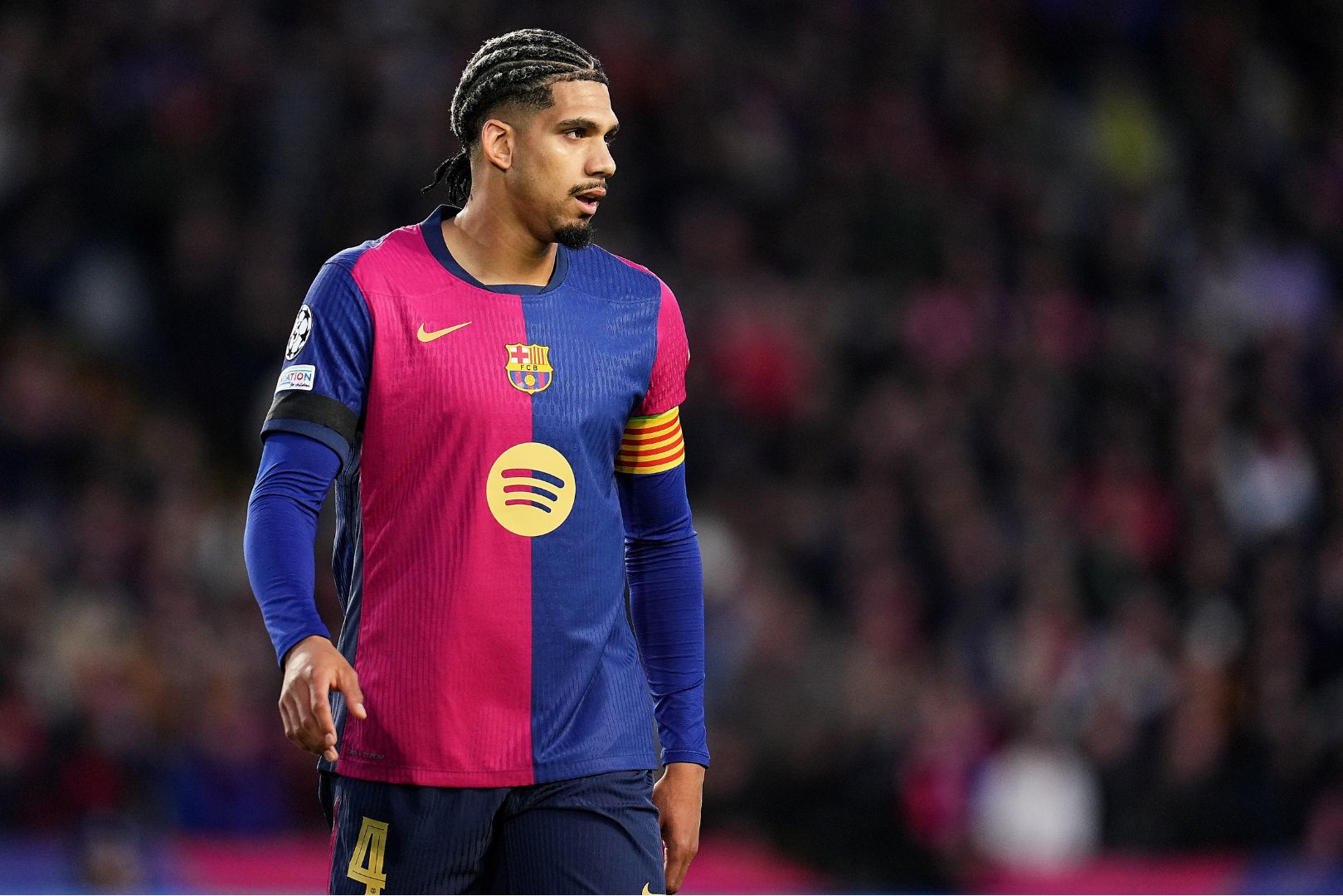 BARCELONA, SPAIN - MARCH 02: Ronald Araujo of FC Barcelona celebrates scoring his team's third goal during the La Liga EA match between FC Barcelona and Real Sociedad at Estadi Olimpic Lluis Companys on March 02, 2025 in Barcelona, Spain.
