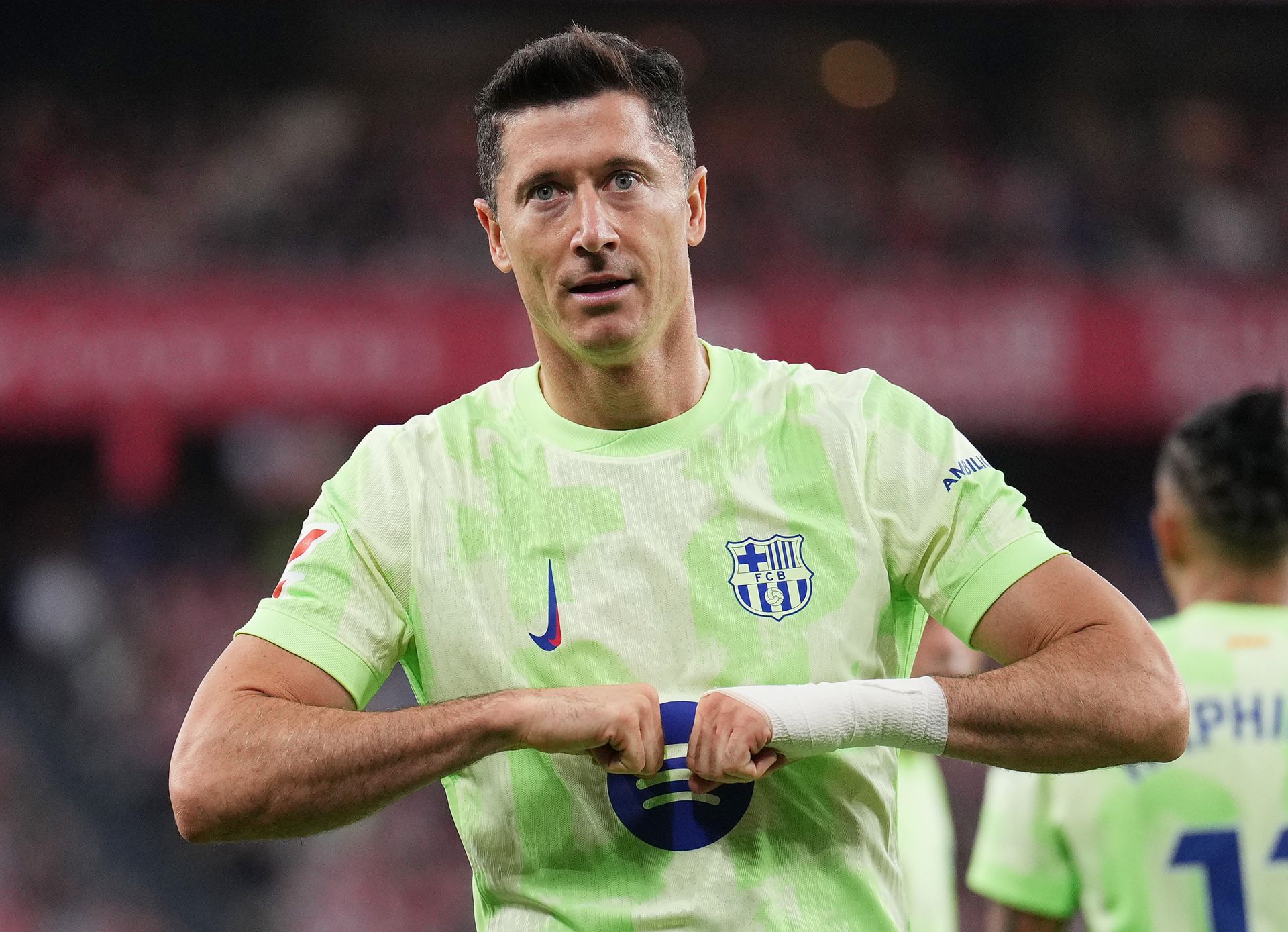 BILBAO, SPAIN - MAY 25: Robert Lewandowski of FC Barcelona celebrates scoring his team's first goal during the LaLiga match between Athletic Club and FC Barcelona at Estadio de San Mames on May 25, 2025 in Bilbao, Spain.