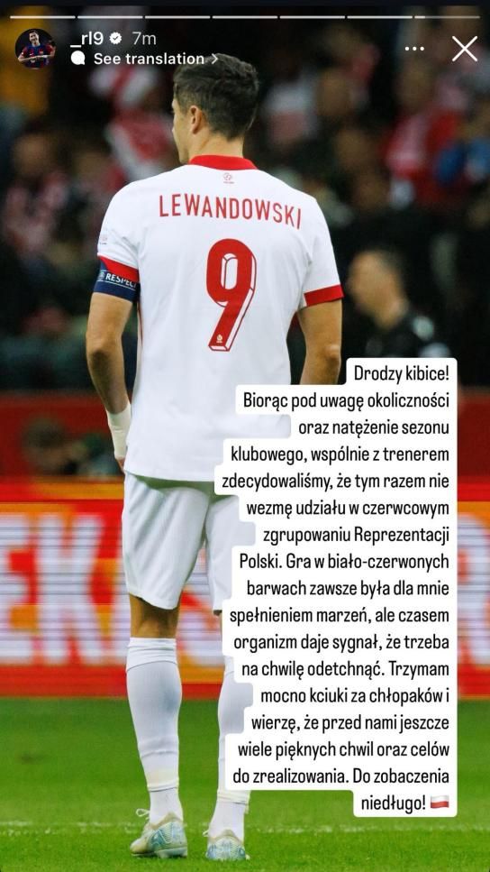 Robert Lewandowski's message. (via Instagram)