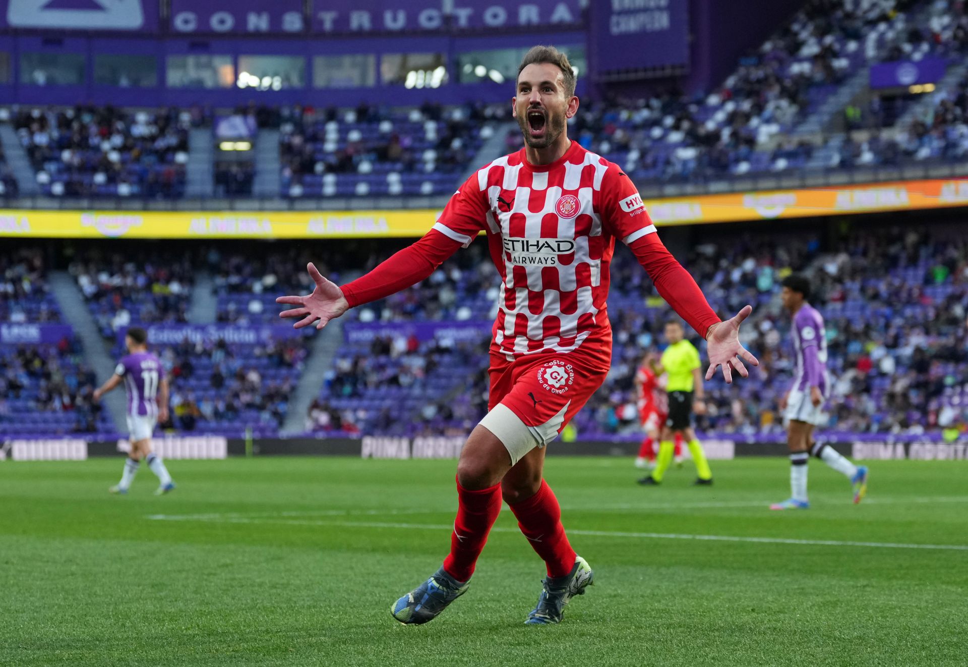 VALLADOLID, SPAIN - MAY 13: Cristhian Stuani of Girona FC celebrates scoring his team's first goal during the LaLiga match between Real Valladolid CF and Girona FC at Jose Zorrilla on May 13, 2025 in Valladolid, Spain.