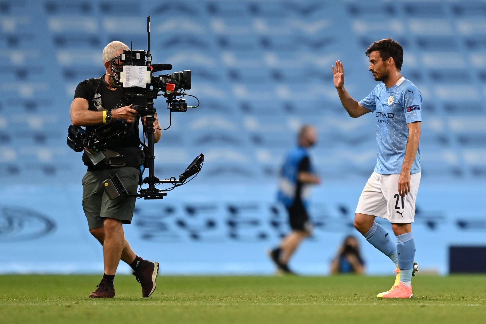 MANCHESTER, ENGLAND - AUGUST 07: David Silva of Manchester City acknowledges the TV Camera following the UEFA Champions League round of 16 second leg match between Manchester City and Real Madrid at Etihad Stadium on August 07, 2020 in Manchester, England.