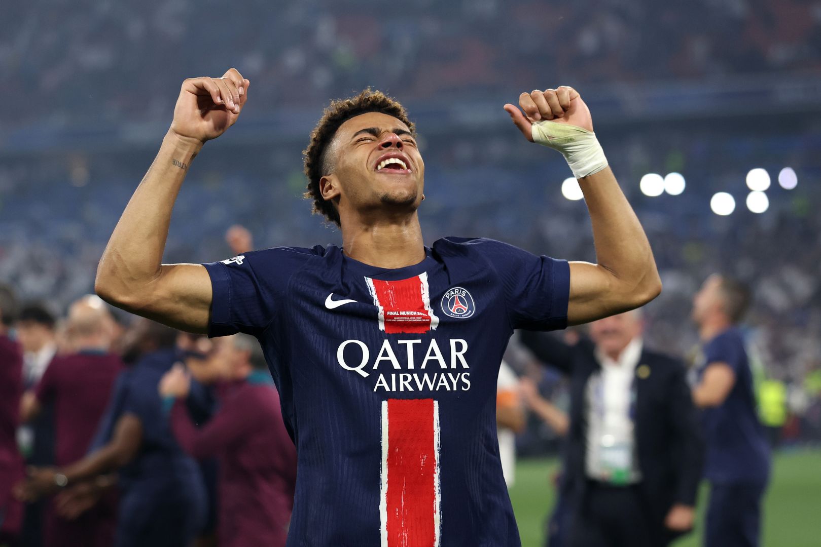 MUNICH, GERMANY - MAY 31: Desire Doue of Paris Saint-Germain celebrates victory after the UEFA Champions League Final 2025 between Paris Saint-Germain and FC Internazionale Milano at Munich Football Arena on May 31, 2025 in Munich, Germany.