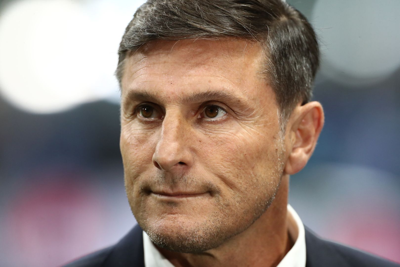 MILAN, ITALY - MAY 06: Former professional footballer Javier Zanetti looks on prior to the UEFA Champions League 2024/25 Semi Final Second Leg match between FC Internazionale Milano and FC Barcelona at Giuseppe Meazza Stadium on May 06, 2025 in Milan, Italy.