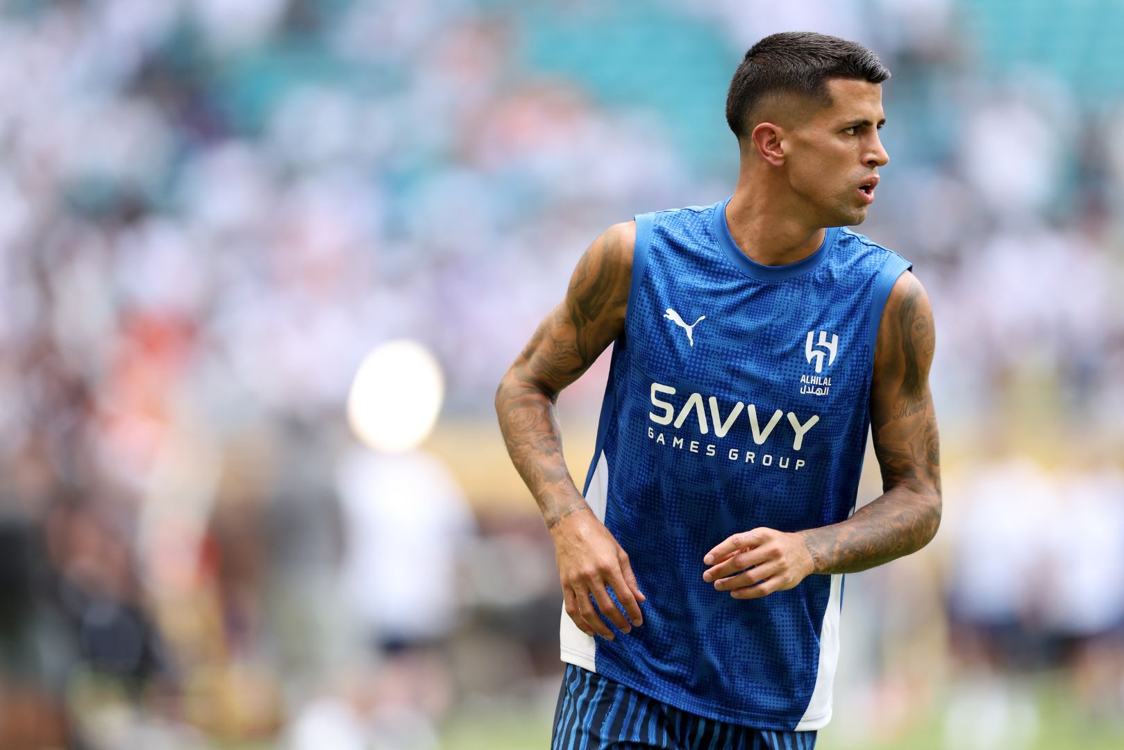 MIAMI GARDENS, FLORIDA - JUNE 18: Joao Cancelo #20 of Al Hilal warms up prior to the FIFA Club World Cup 2025 group H match between Real Madrid CF and Al Hilal at Hard Rock Stadium on June 18, 2025 in Miami Gardens, Florida.