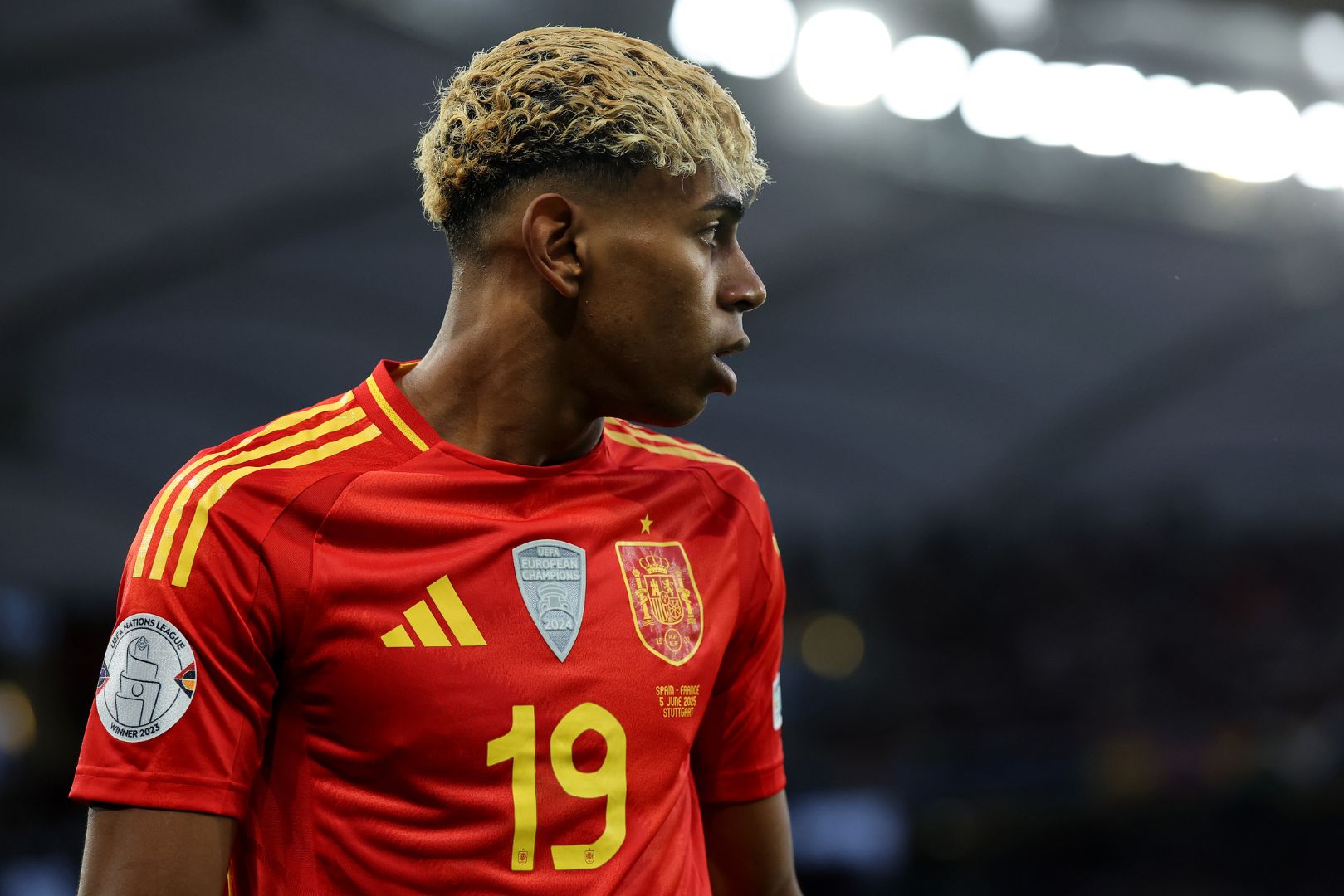STUTTGART, GERMANY - JUNE 05: Lamine Yamal of Spain looks on during the UEFA Nations League 2025 semifinal match between Spain and France at Stuttgart Arena on June 05, 2025 in Stuttgart, Germany.