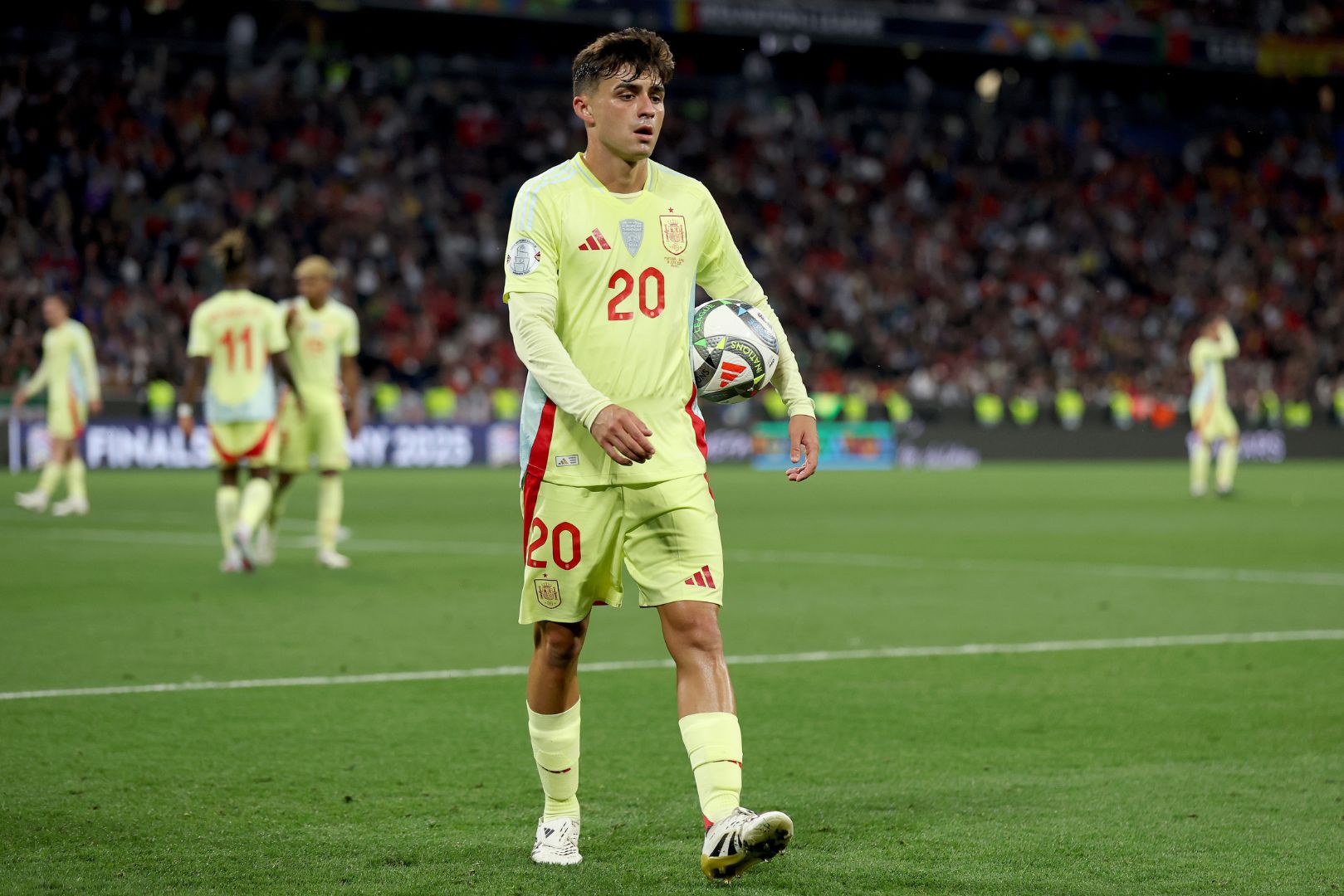 MUNICH, GERMANY - JUNE 08: Pedri of Spain looks on during the UEFA Nations League 2025 final match between Portugal and Spain at Munich Football Arena on June 08, 2025 in Munich, Germany.