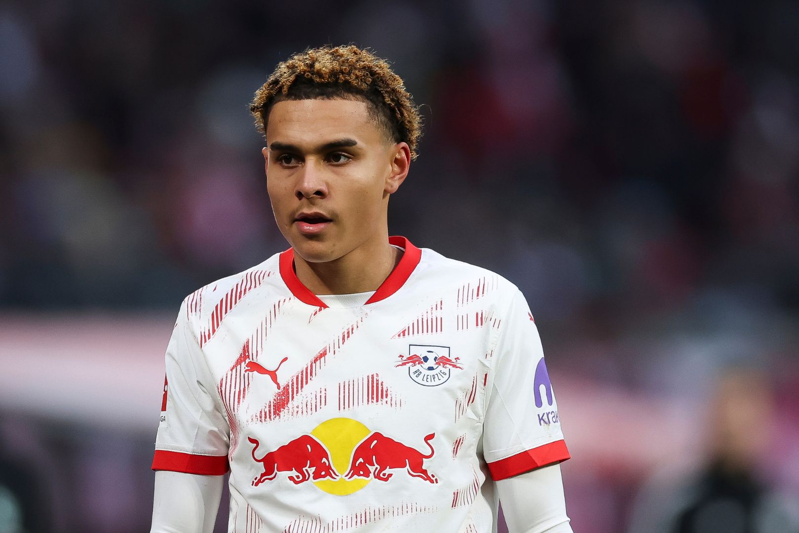 LEIPZIG, GERMANY - JANUARY 12: Antonio Nusa of RB Leipzig looks on during the Bundesliga match between RB Leipzig and SV Werder Bremen at Red Bull Arena on January 12, 2025 in Leipzig, Germany.