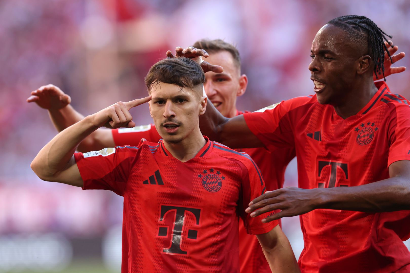MUNICH, GERMANY - MAY 12: Bryan Zaragoza of Bayern Munich celebrates a goal that is later disallowed during the Bundesliga match between FC Bayern München and VfL Wolfsburg at Allianz Arena on May 12, 2024 in Munich, Germany.