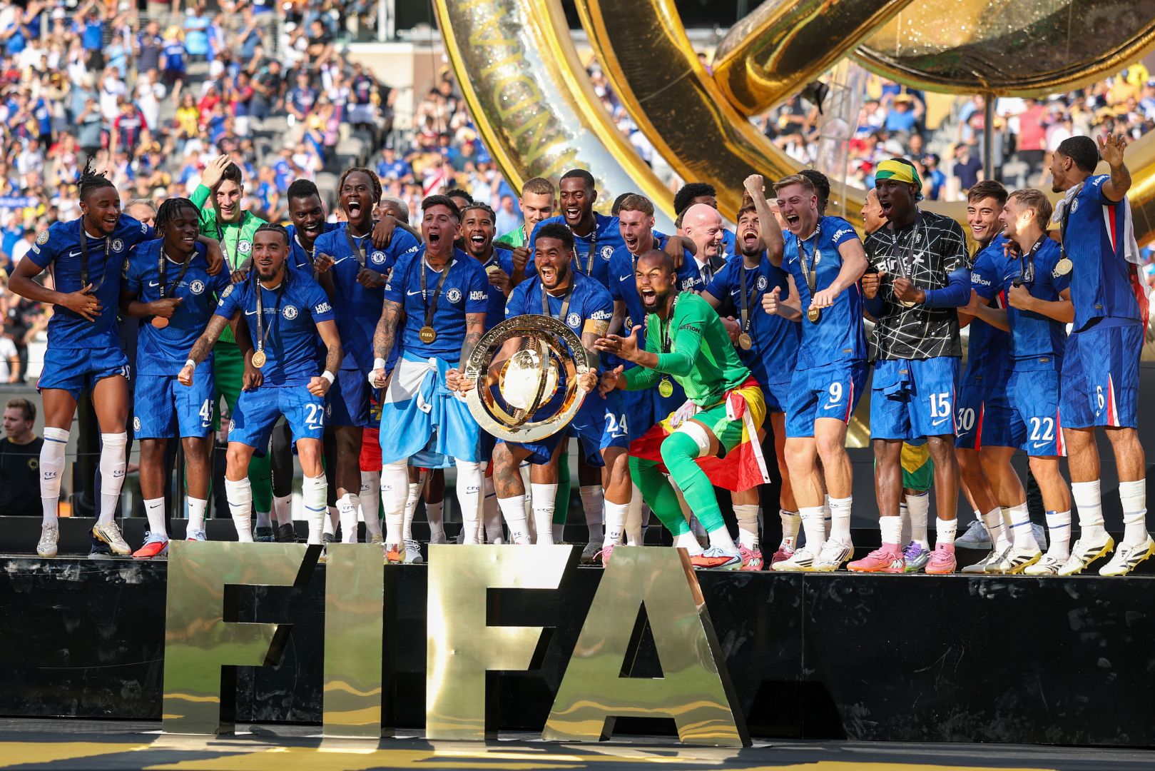 EAST RUTHERFORD, NEW JERSEY - JULY 13: Reece James #24 of Chelsea FC lifts the FIFA Club World Cup trophy after his team's victory following the FIFA Club World Cup 2025 Final match between Chelsea FC and Paris Saint-Germain at MetLife Stadium on July 13, 2025 in East Rutherford, New Jersey.