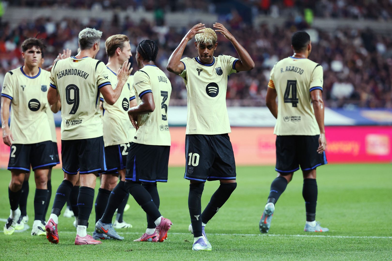 SEOUL, SOUTH KOREA - JULY 31: Lamine Yamal of FC Barcelona celebrates after scoring his team's second goal during the preseason friendly between FC Seoul and FC Barcelona at Seoul World Cup Stadium on July 31, 2025 in Seoul, South Korea.