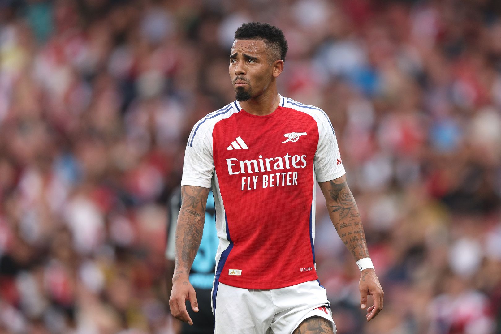 LONDON, ENGLAND - AUGUST 07: Gabriel Jesus of Arsenal looks on during the pre-season friendly match between Arsenal and Bayer 04 Leverkusen at Emirates Stadium on August 07, 2024 in London, England.