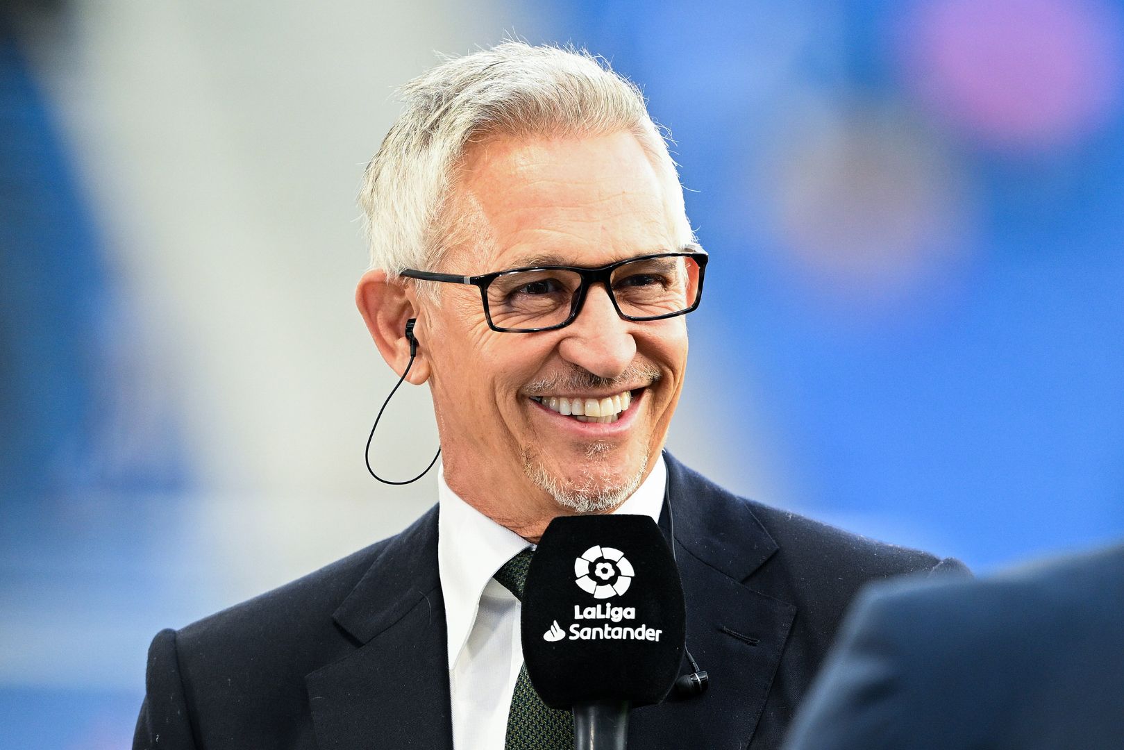 BARCELONA, SPAIN - MAY 14: Gary Linker is seen presenting for LaLigaTV prior to the LaLiga Santander match between RCD Espanyol and FC Barcelona at RCDE Stadium on May 14, 2023 in Barcelona, Spain.
