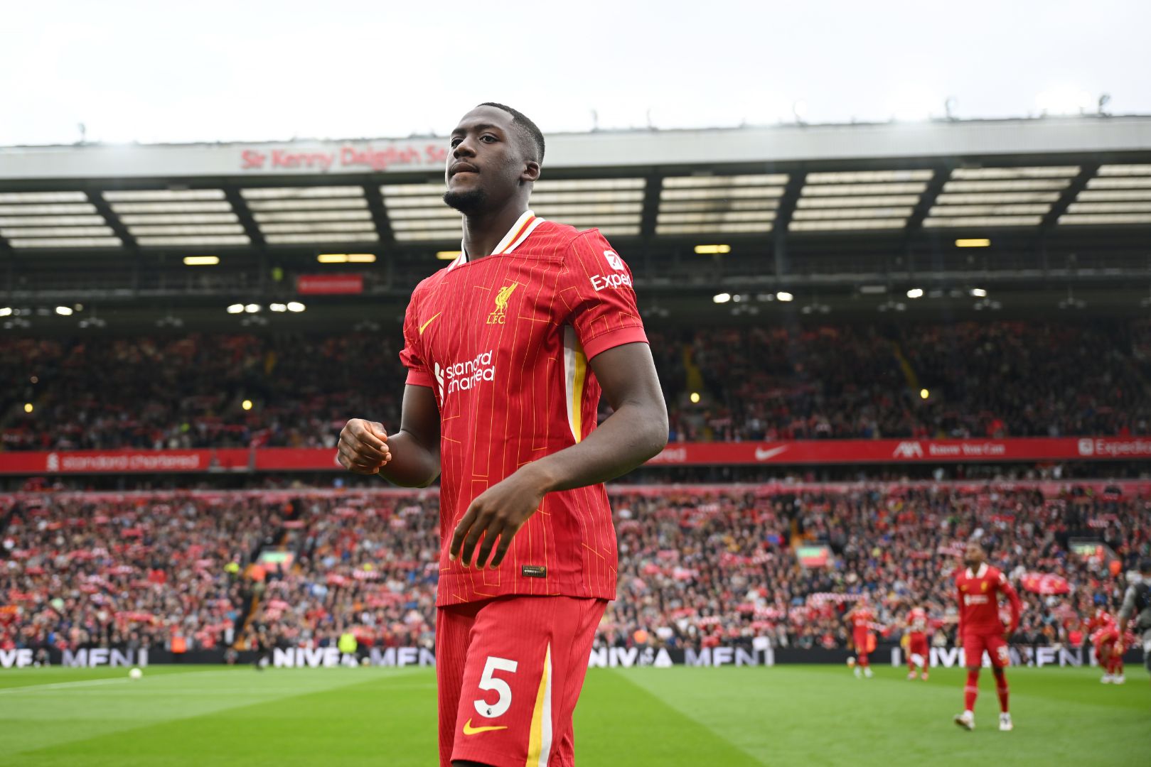LIVERPOOL, ENGLAND - AUGUST 25: Ibrahima Konate of Liverpool looks on before the Premier League match between Liverpool FC and Brentford FC at Anfield on August 25, 2024 in Liverpool, England.