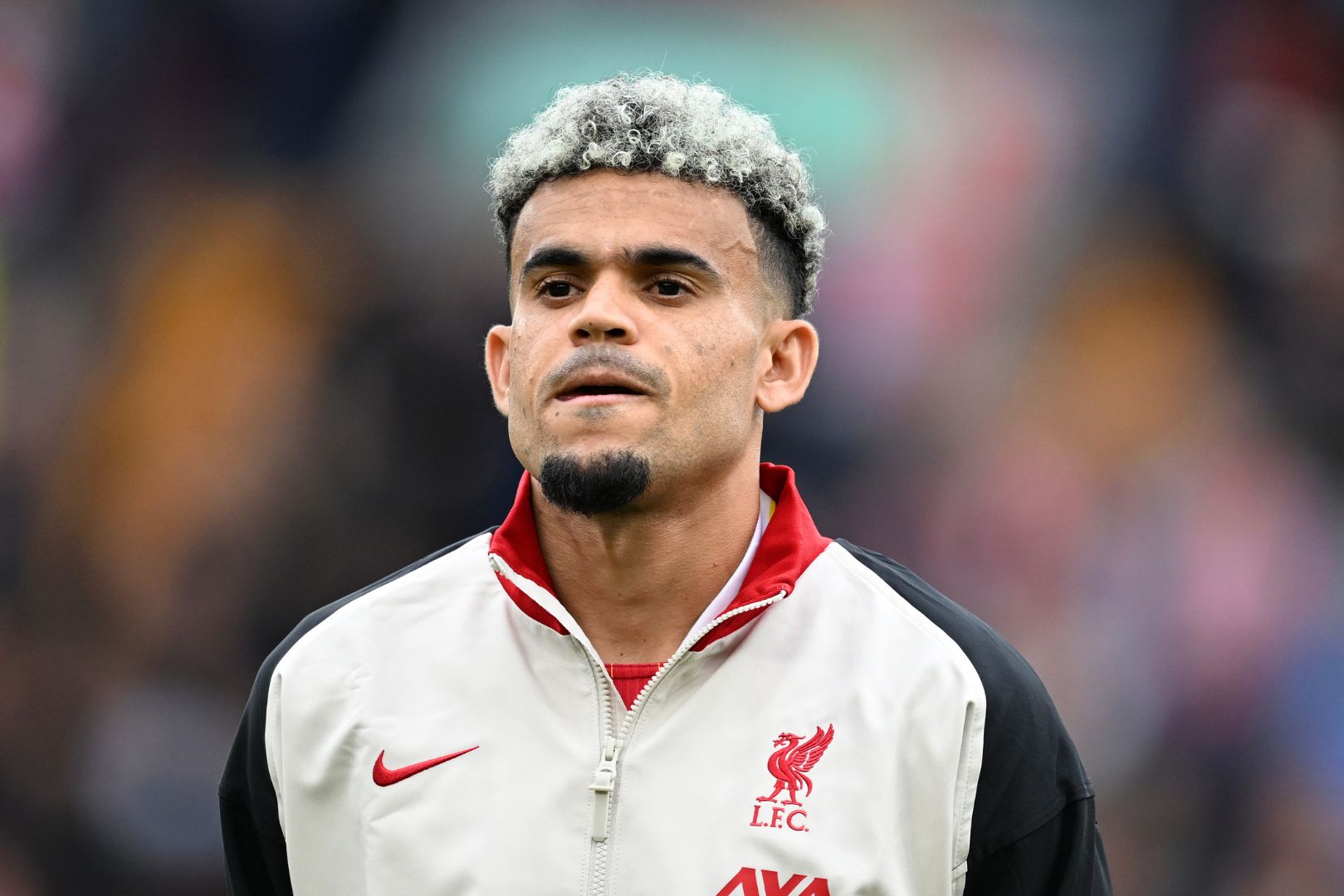 LIVERPOOL, ENGLAND - AUGUST 25: Luis Diaz of Liverpool looks on before the Premier League match between Liverpool FC and Brentford FC at Anfield on August 25, 2024 in Liverpool, England.