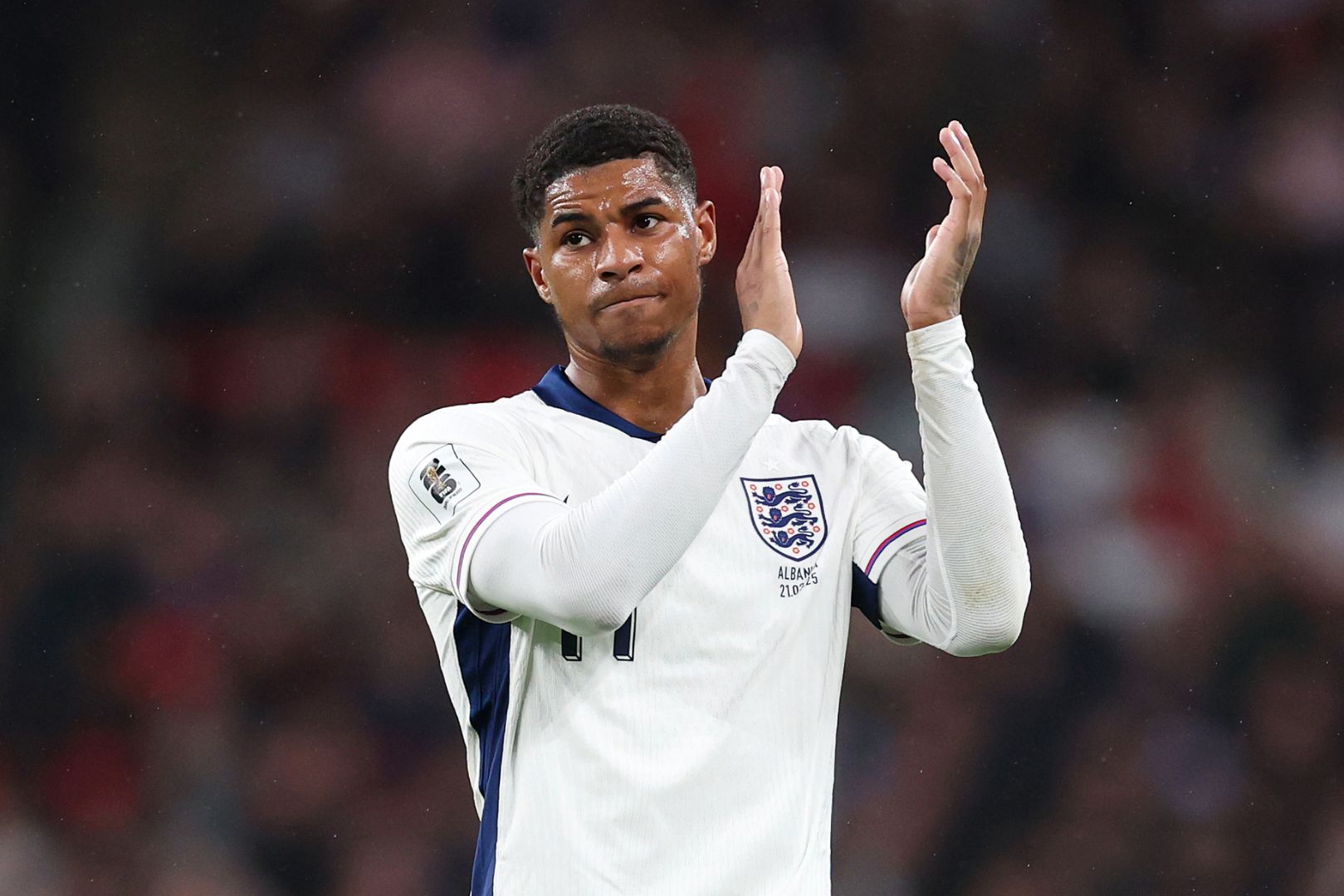 LONDON, ENGLAND - MARCH 21: Marcus Rashford of England applauds the fans as he leaves the pitch after being substituted during the FIFA World Cup 2026 European Qualifier between England and Albania at Wembley Stadium on March 21, 2025 in London, England.