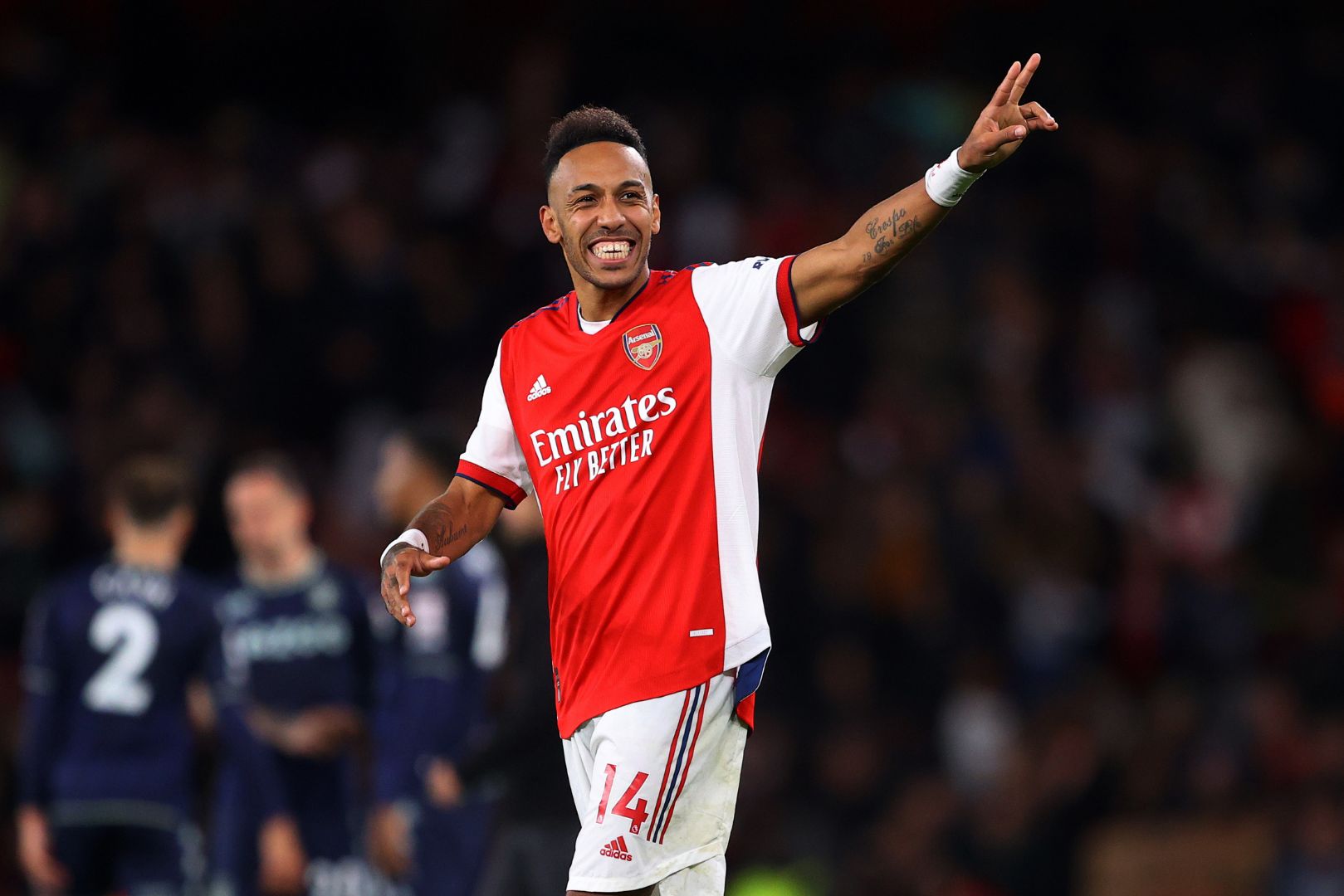 LONDON, ENGLAND - OCTOBER 22: Pierre-Emerick Aubameyang of Arsenal celebrates after the Premier League match between Arsenal and Aston Villa at Emirates Stadium on October 22, 2021 in London, England.