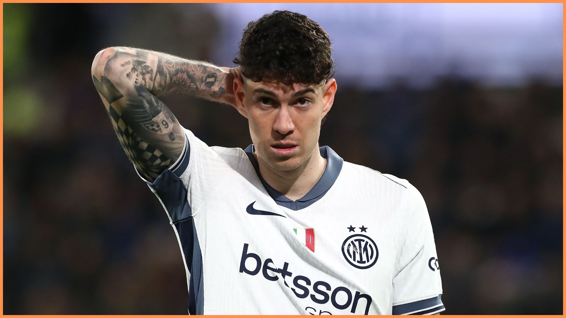 BERGAMO, ITALY - MARCH 16: Alessandro Bastoni of FC Internazionale looks on during the Serie A match between Atalanta BC and FC Internazionale at Gewiss Stadium on March 16, 2025 in Bergamo, Italy.