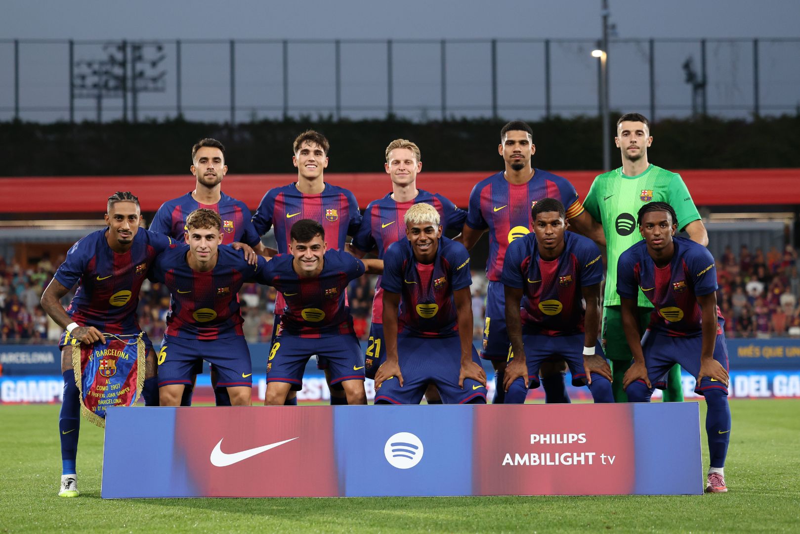 BARCELONA, SPAIN - AUGUST 10: Players of FC Barcelona pose for a team photograph prior to the Joan Gamper Trophy match between FC Barcelona and Como1907 at Estadi Johan Cruyff on August 10, 2025 in Barcelona, Spain.