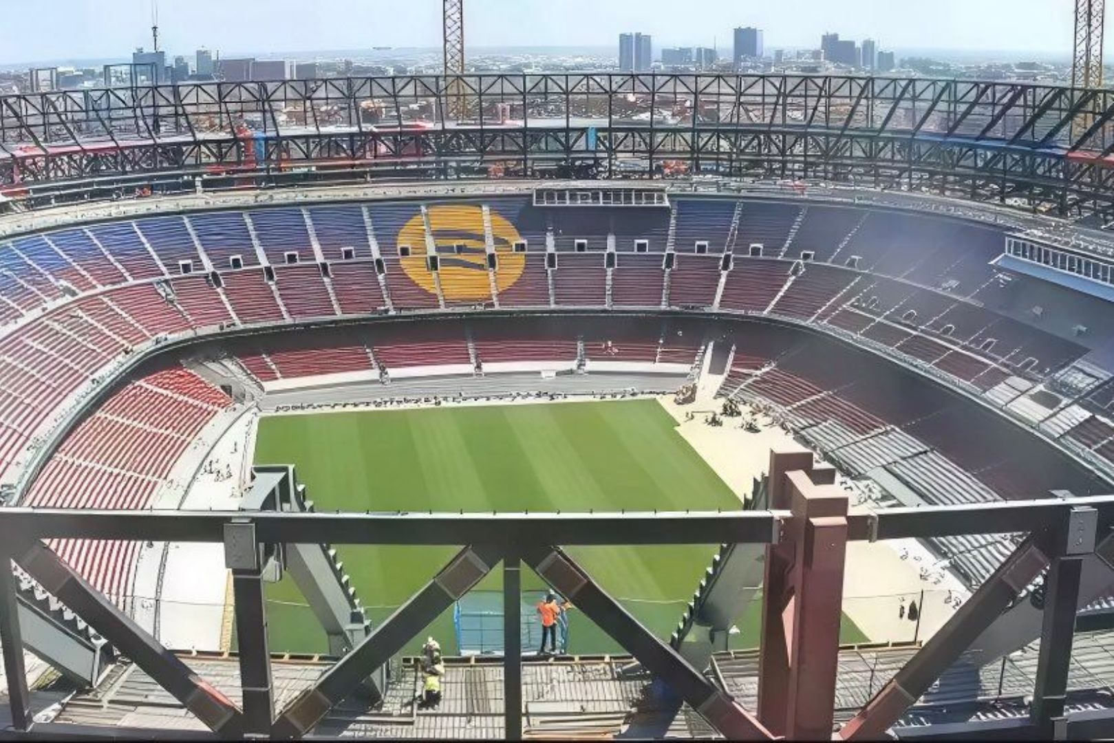 BARCELONA, SPAIN - August 01: Newly installed green pitch at Spotify Camp Nou viewed from the stands under clear skies, awaiting final field markings.