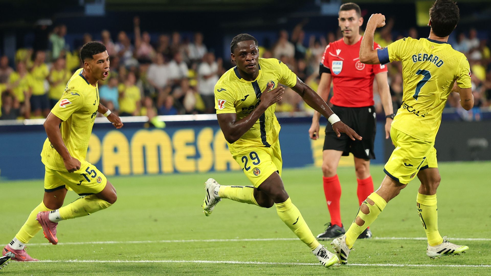 VILLARREAL, SPAIN - AUGUST 15: Etta Eyong of Villarreal CF celebrates scoring his team's first goal during the LaLiga EA Sports match between Villarreal CF and Real Oviedo at Estadio de la Ceramica on August 15, 2025 in Villarreal, Spain.