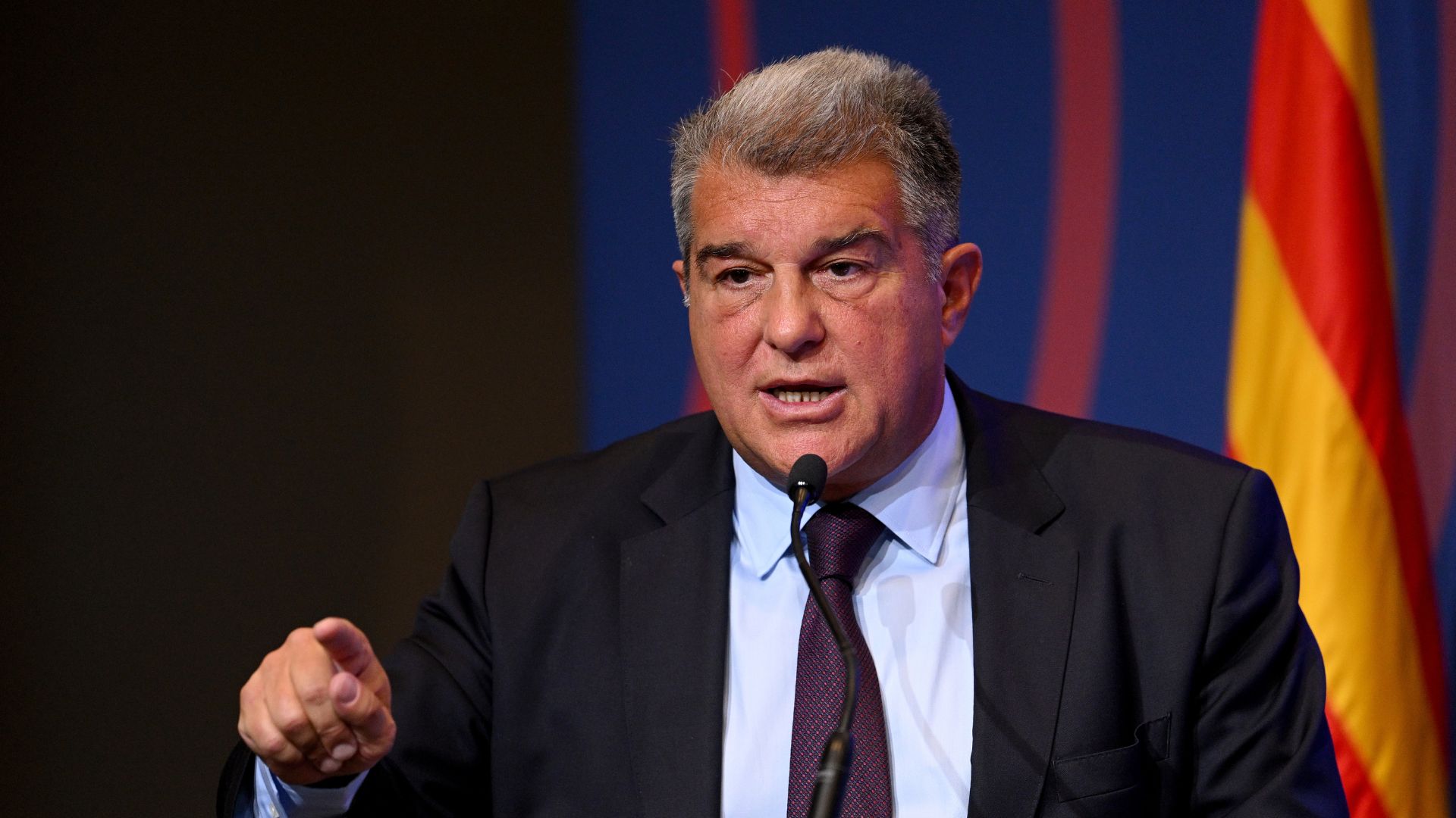 BARCELONA, SPAIN - APRIL 17: FC Barcelona President Joan Laporta gives a press conference in response to recent allegations over payments made to referees by the club, at Spotify Camp Nou on April 17, 2023 in Barcelona, Spain. UEFA and Spanish authorities are investigating Barcelona over the payment of millions of euros to the company of Jose Maria Enriquez Negreira, the former vice-president of Spanish football's refereeing committee. If found guilty, UEFA's investigation could lead to a Champions League ban for the club.