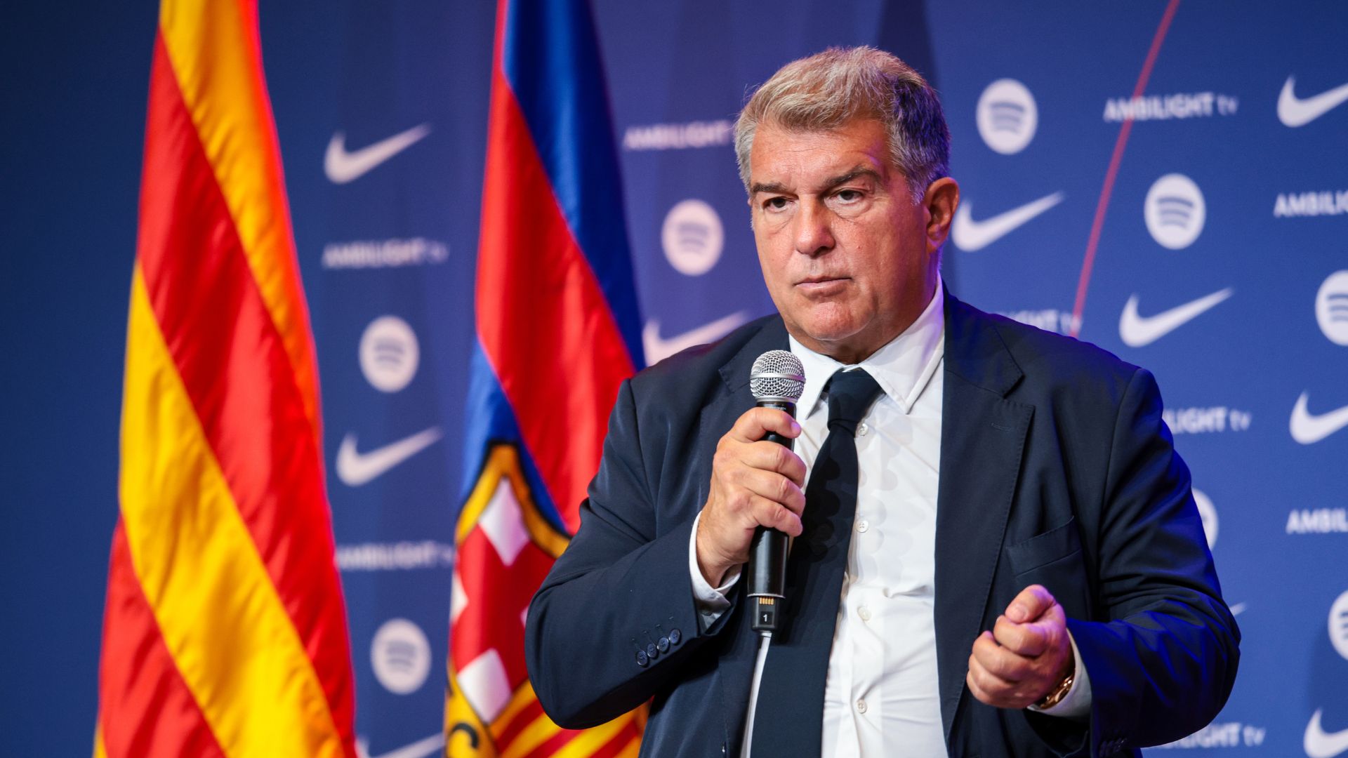 BARCELONA, SPAIN - FC Barcelona President Joan Laporta faces the media at Spotify Camp Nou in Barcelona, Spain.