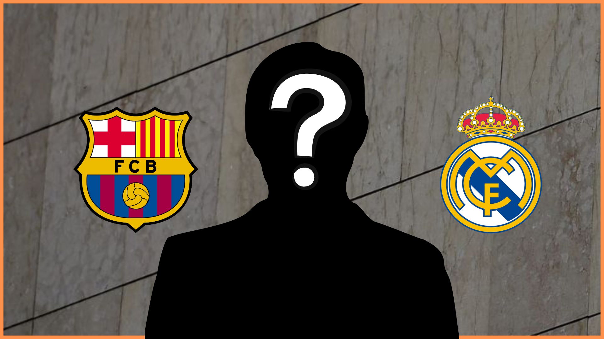 Graphic with wall background featuring a question mark face and the logos of FC Barcelona and Real Madrid.