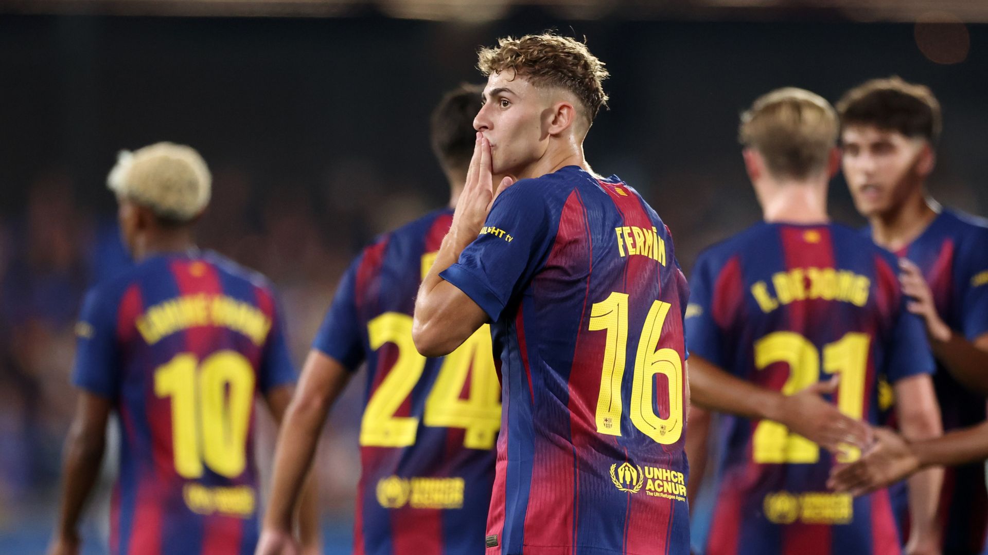 BARCELONA, SPAIN - AUGUST 10: Fermin Lopez of FC Barcelona celebrates scoring his team's second goal during the Joan Gamper Trophy match between FC Barcelona and Como1907 at Estadi Johan Cruyff on August 10, 2025 in Barcelona, Spain.