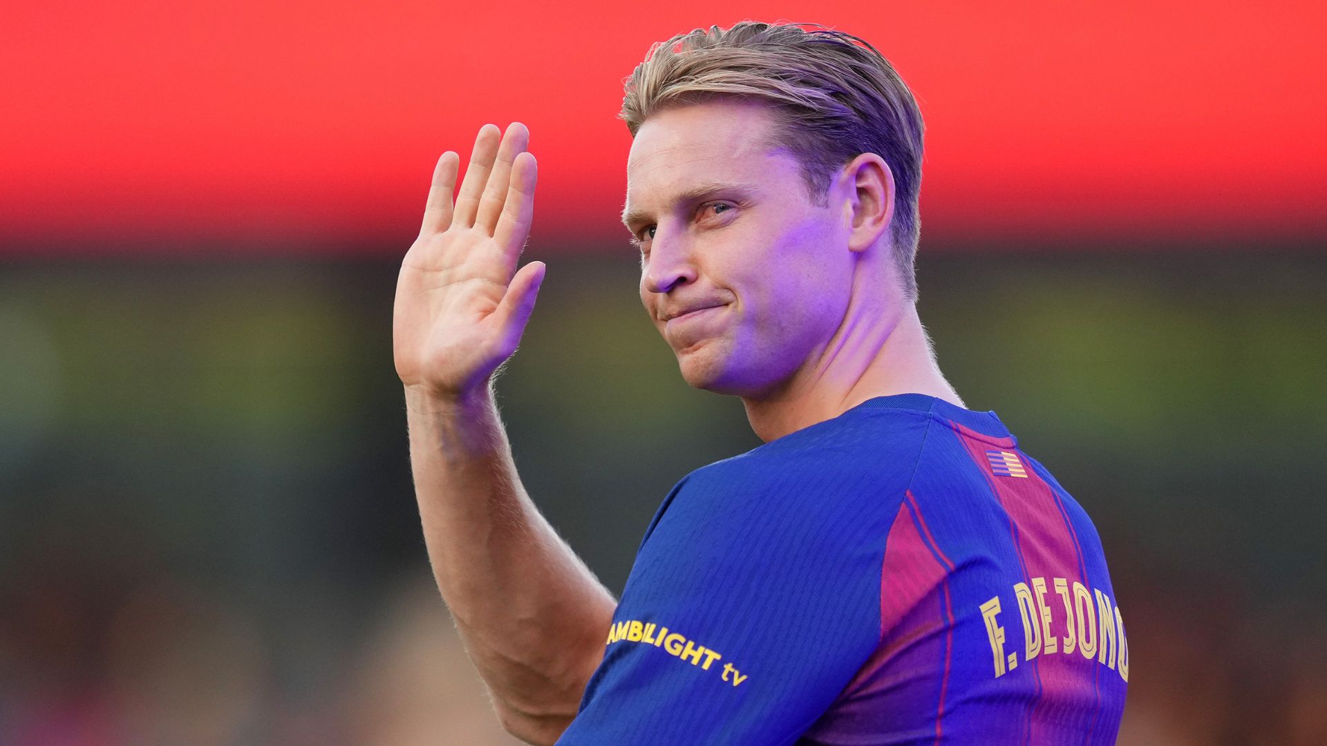 BARCELONA, SPAIN - AUGUST 10: Frenkie de Jong of FC Barcelona is presented to the fans prior to the Joan Gamper Trophy match between FC Barcelona and Como1907 at Estadi Johan Cruyff on August 10, 2025 in Barcelona, Spain.