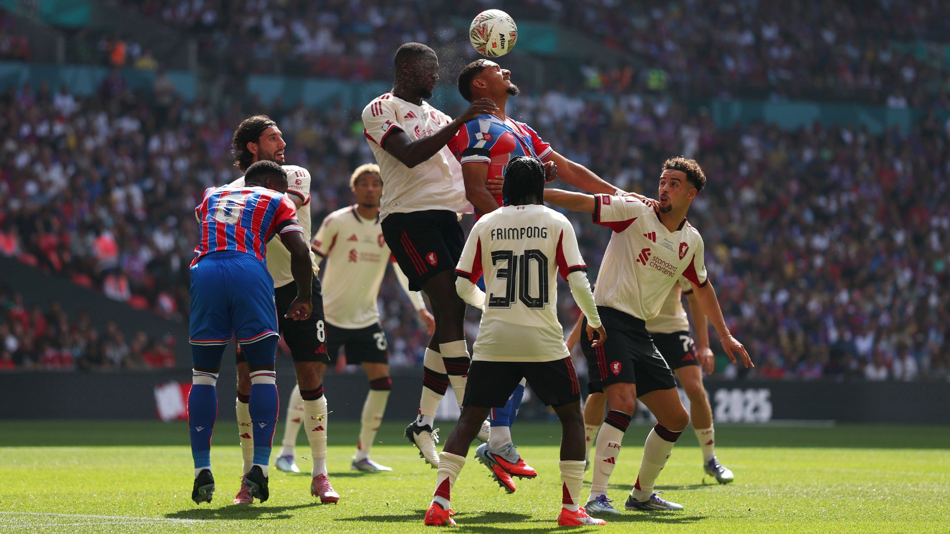 LONDON, ENGLAND - AUGUST 10: Ibrahima Konate of Liverpool and Maxence Lacroix of Crystal Palace battle for a header during the 2025 FA Community Shield match between Crystal Palace and Liverpool at Wembley Stadium on August 10, 2025 in London, England.