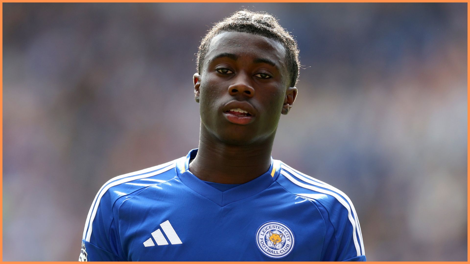 LEICESTER, ENGLAND - MAY 18: Jeremy Monga of Leicester City looks on during the Premier League match between Leicester City FC and Ipswich Town FC at The King Power Stadium on May 18, 2025 in Leicester, England.