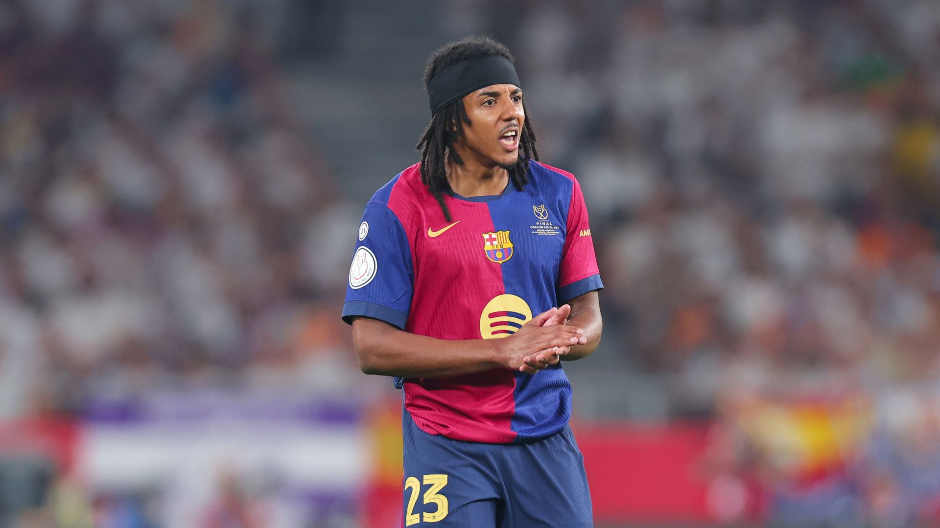 SEVILLE, SPAIN - APRIL 26: Jules Kounde of FC Barcelona looks on during the Copa del Rey Final match between FC Barcelona and Real Madrid at Estadio de La Cartuja on April 26, 2025 in Seville, Spain.
