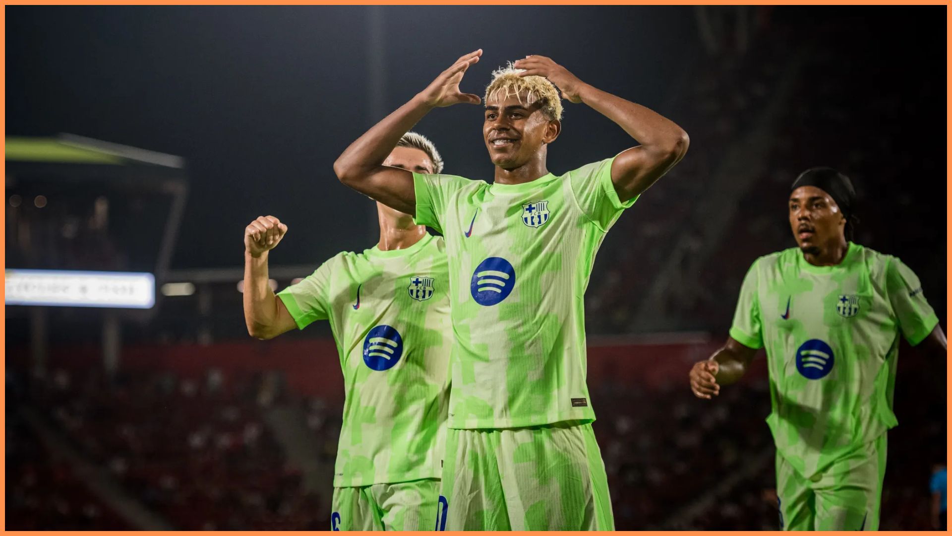MALLORCA, SPAIN - AUGUST 16: Lamine Yamal of FC Barcelona celebrates scoring his team's third goal during the LaLiga EA Sports match between RCD Mallorca and FC Barcelona at Estadio de Son Moix on August 16, 2025 in Mallorca, Spain.