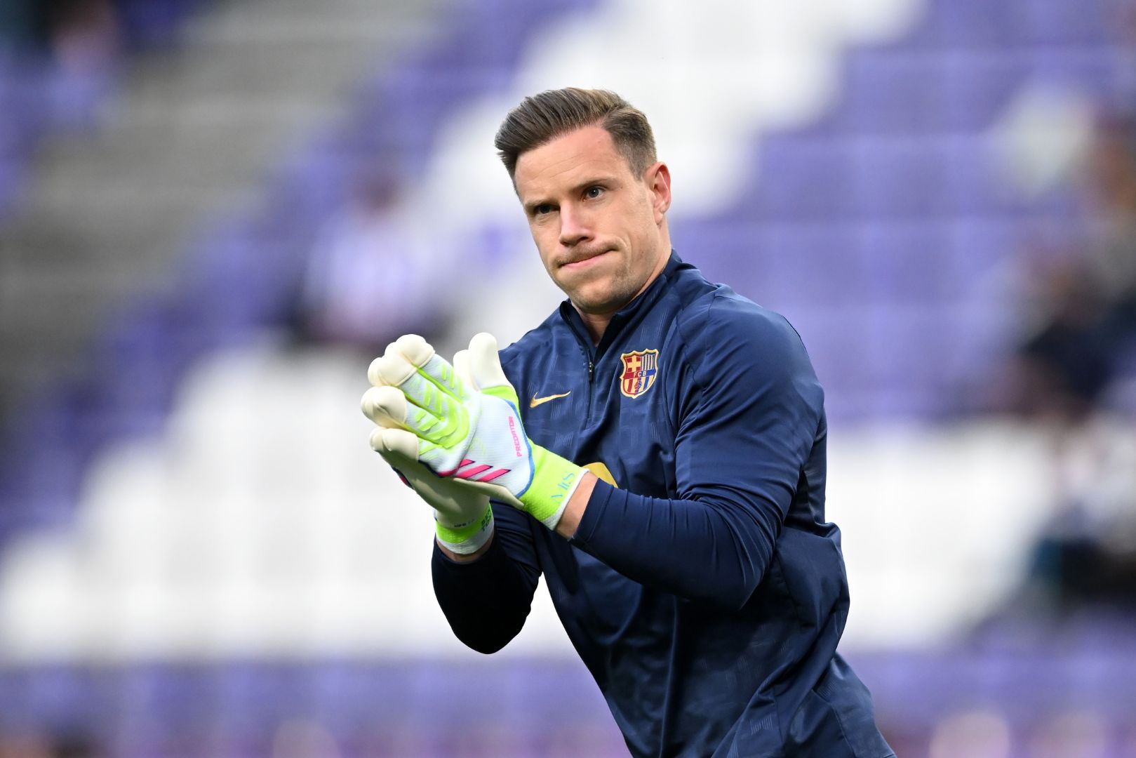 VALLADOLID, SPAIN - MAY 03: Marc-Andre ter Stegen of FC Barcelona warms up prior to the LaLiga match between Real Valladolid CF and FC Barcelona at Jose Zorrilla on May 03, 2025 in Valladolid, Spain.