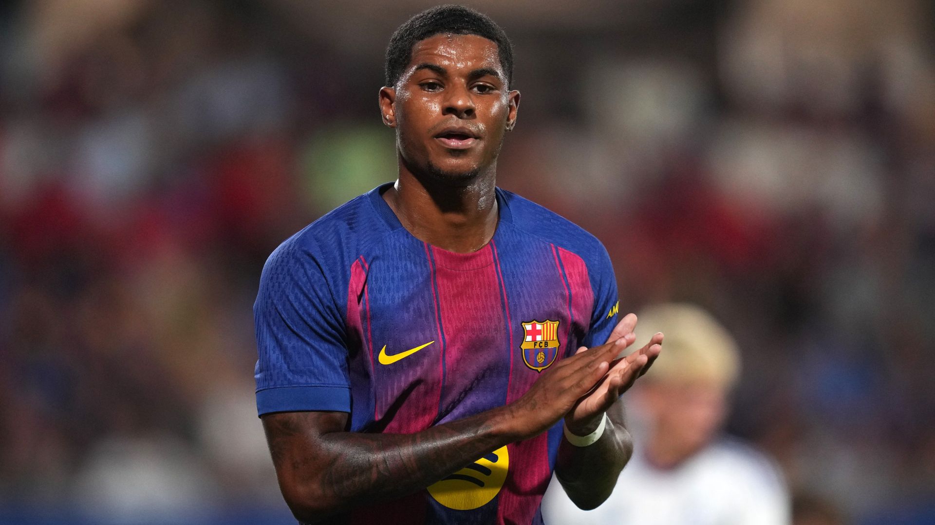 BARCELONA, SPAIN - AUGUST 10: Marcus Rashford of FC Barcelona applauds during the Joan Gamper Trophy match between FC Barcelona and Como1907 at Estadi Johan Cruyff on August 10, 2025 in Barcelona, Spain.