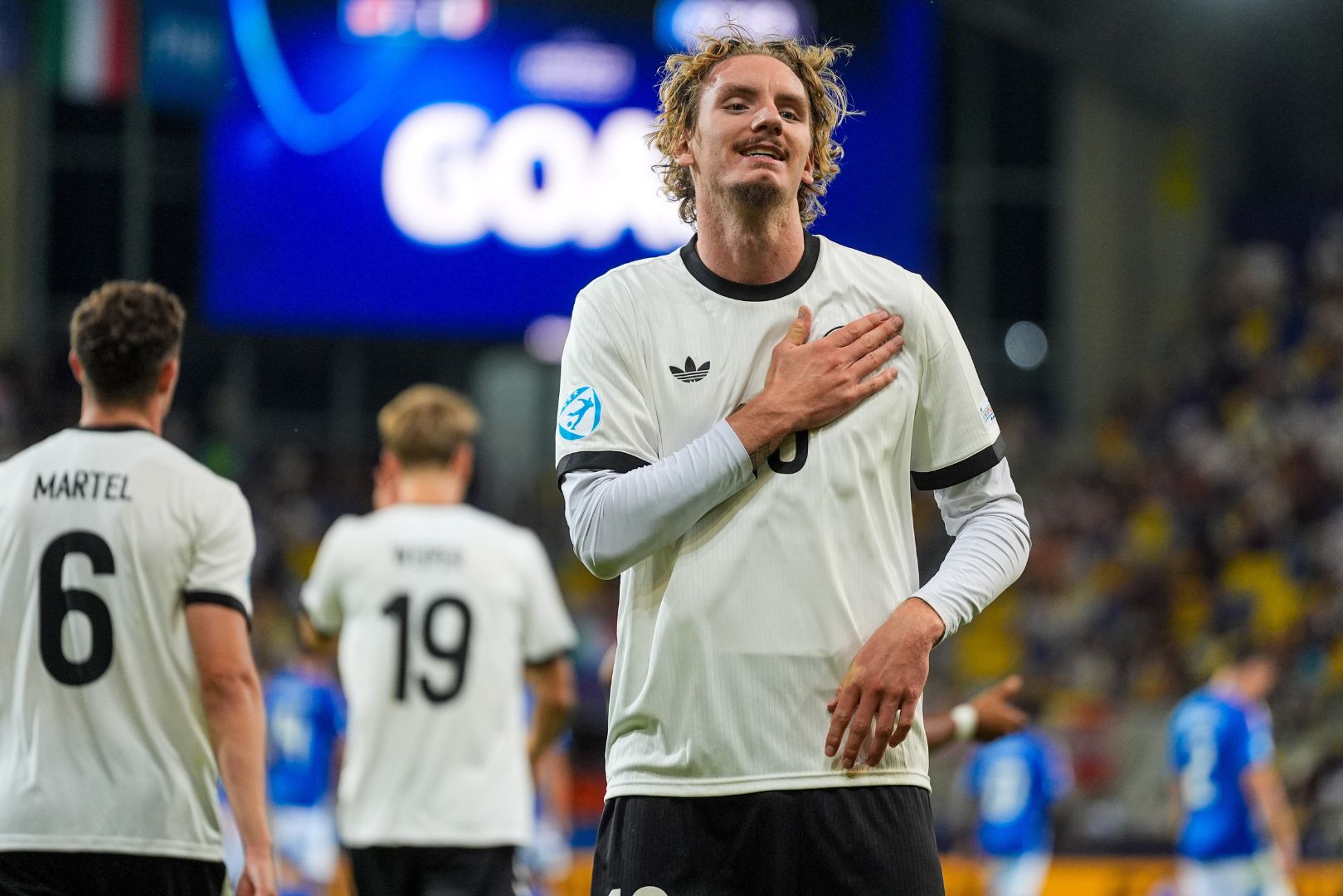 DUNAJSKA STREDA, SLOVAKIA - JUNE 22: Nick Woltemade of U21 Germany celebrates after scoring his side's first goal during the UEFA European Under-21 Championship 2025 Quarter-Final match between Germany and Italy at DAC Arena on June 22, 2025 in Dunajska Streda, Slovakia.