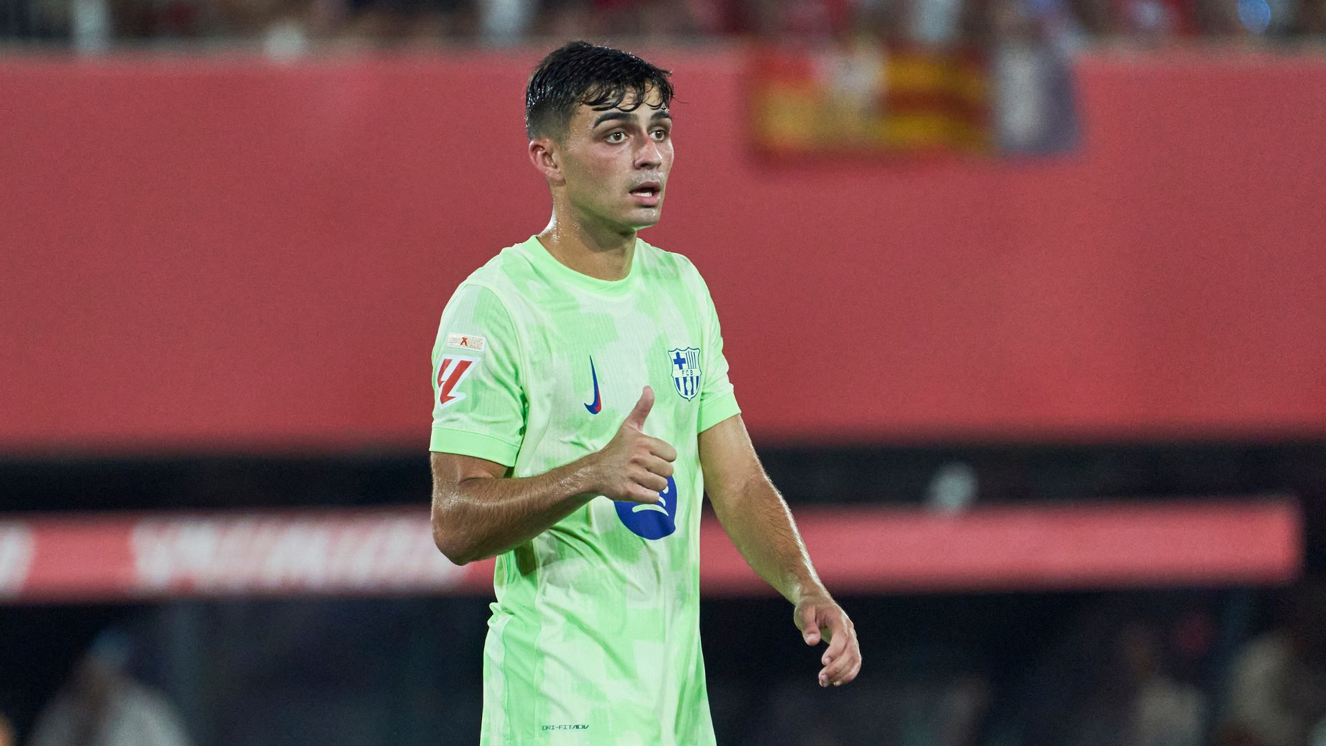 MALLORCA, SPAIN - AUGUST 16: Pedri of FC Barcelona gestures during the LaLiga EA Sports match between RCD Mallorca and FC Barcelona at Estadio de Son Moix on August 16, 2025 in Mallorca, Spain.