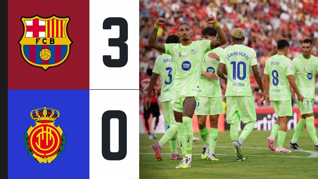 MALLORCA, SPAIN - AUGUST 16: Raphinha of FC Barcelona celebrates scoring his team's first goal during the LaLiga EA Sports match between RCD Mallorca and FC Barcelona at Estadio de Son Moix on August 16, 2025 in Mallorca, Spain.
