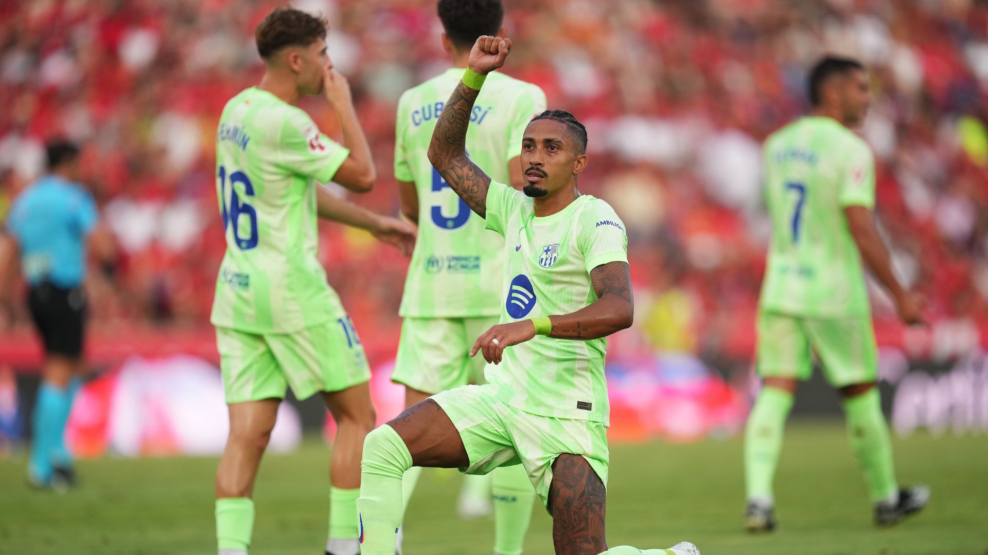 MALLORCA, SPAIN - AUGUST 16: Raphinha of FC Barcelona celebrates scoring his team's first goal during the LaLiga EA Sports match between RCD Mallorca and FC Barcelona at Estadio de Son Moix on August 16, 2025 in Mallorca, Spain.