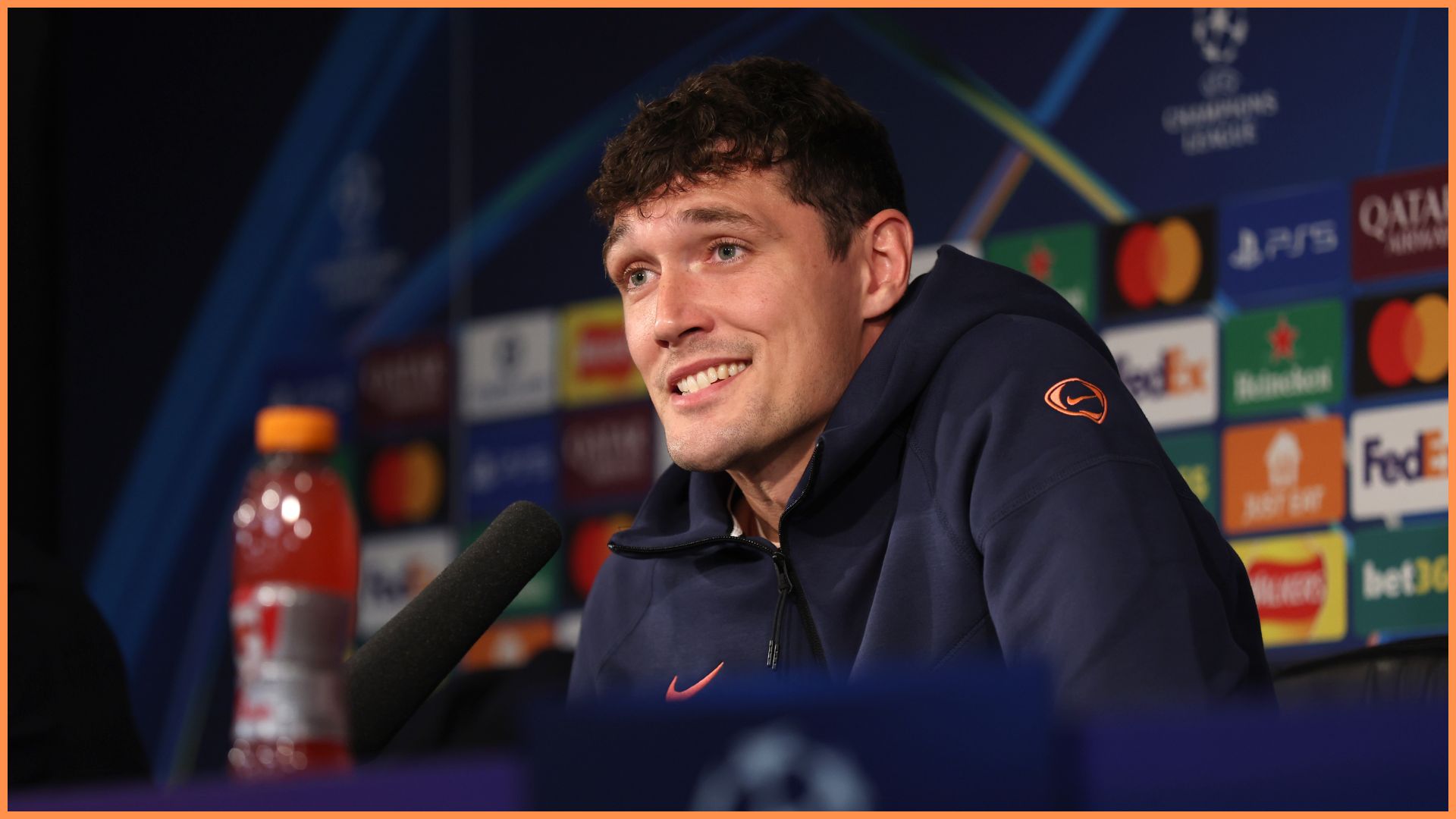 NEWCASTLE UPON TYNE, ENGLAND - SEPTEMBER 17: Andreas Christensen of FC Barcelona speaks during a match press conference ahead of the UEFA Champions League 2025/26 League Phase MD1 against Newcastle United at St James' Park on September 17, 2025 in Newcastle upon Tyne, England.