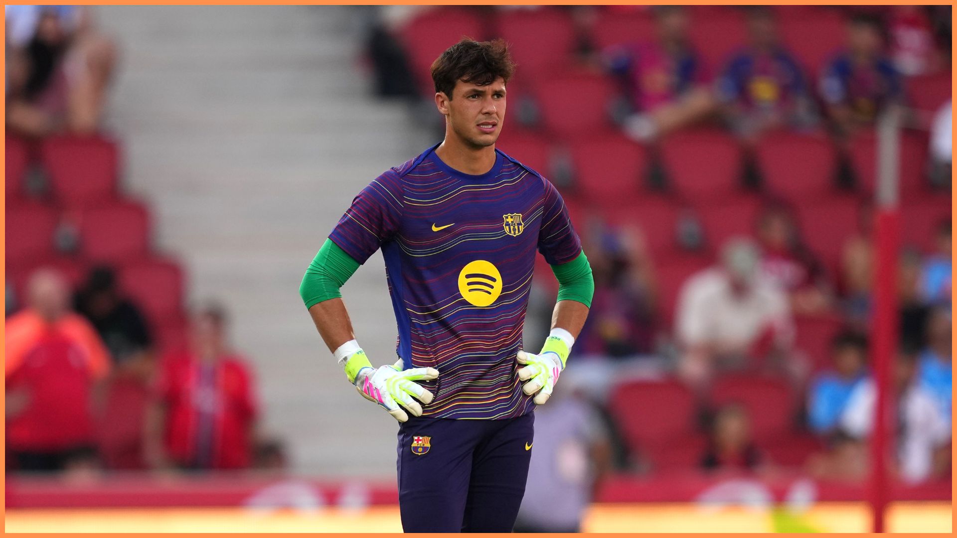Diego Kochen of FC Barcelona looks on during the warm up prior to the LaLiga EA Sports match between RCD Mallorca and FC Barcelona at Estadio de Son Moix.