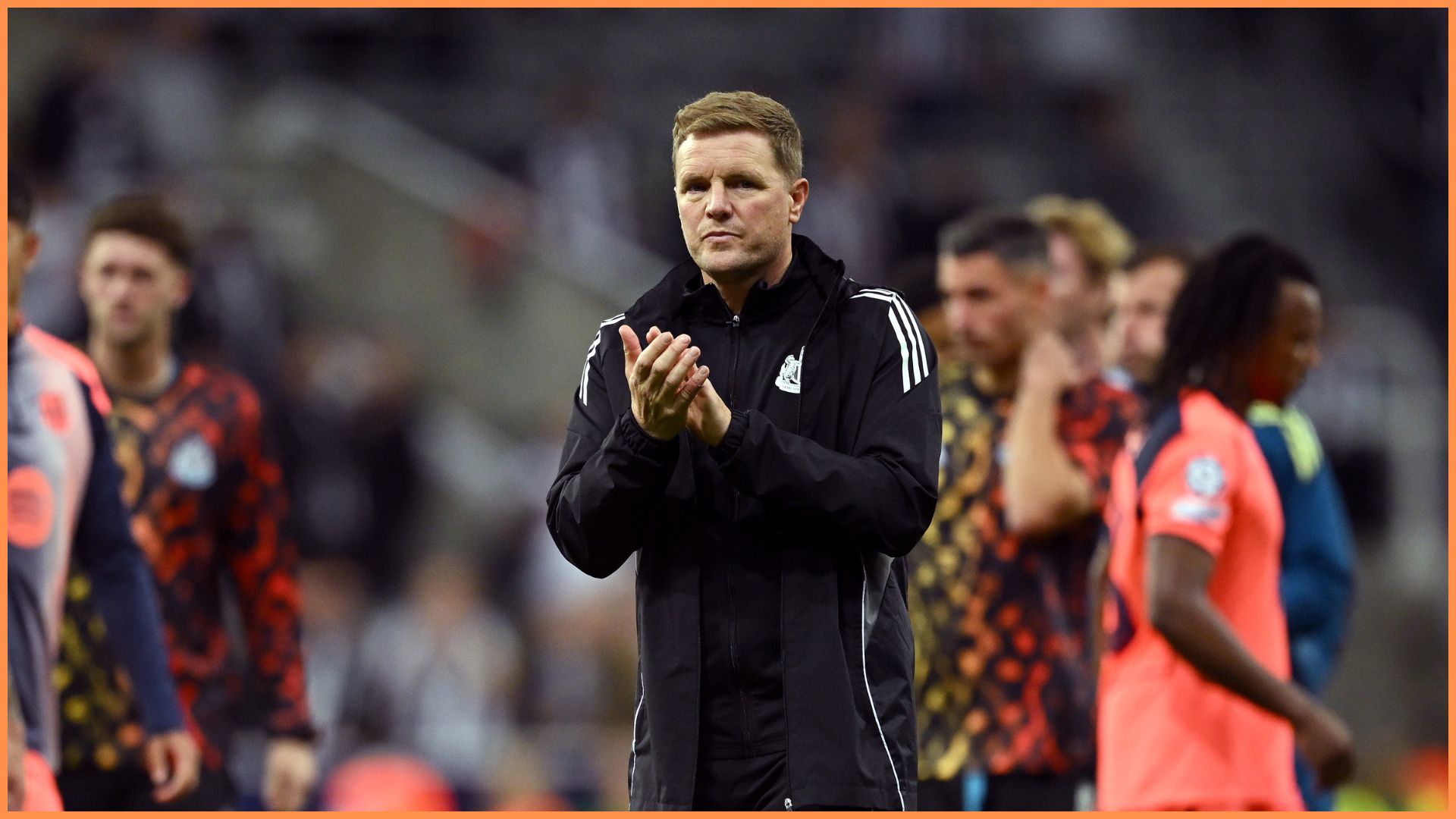 NEWCASTLE UPON TYNE, ENGLAND - SEPTEMBER 18: Eddie Howe, Manager of Newcastle United, applauds the fans after the team's defeat in the UEFA Champions League 2025/26 League Phase MD1 match between Newcastle United FC and FC Barcelona at St James' Park on September 18, 2025 in Newcastle upon Tyne, England.