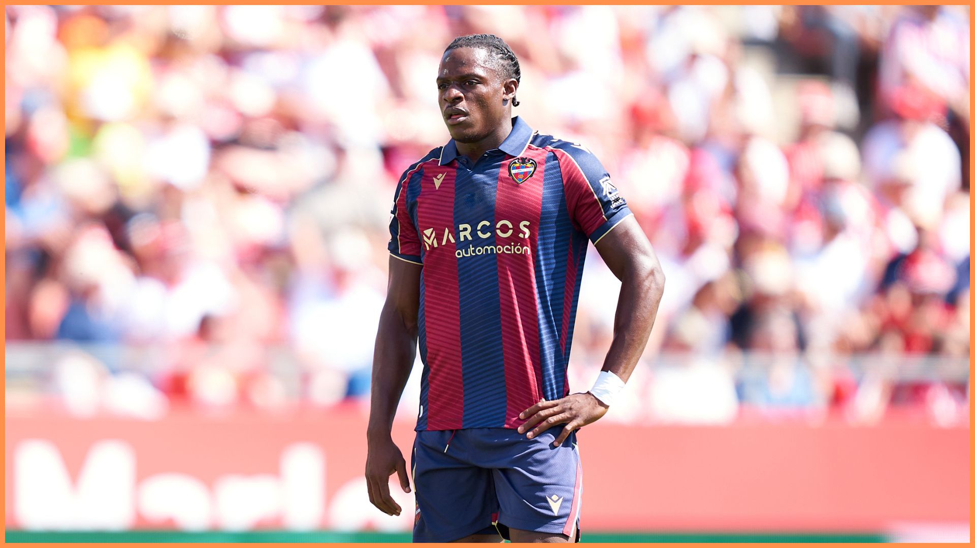 Karl Etta Eyong of Levante UD looks on during the LaLiga EA Sports match between Girona FC and Levante UD at Montilivi Stadium.