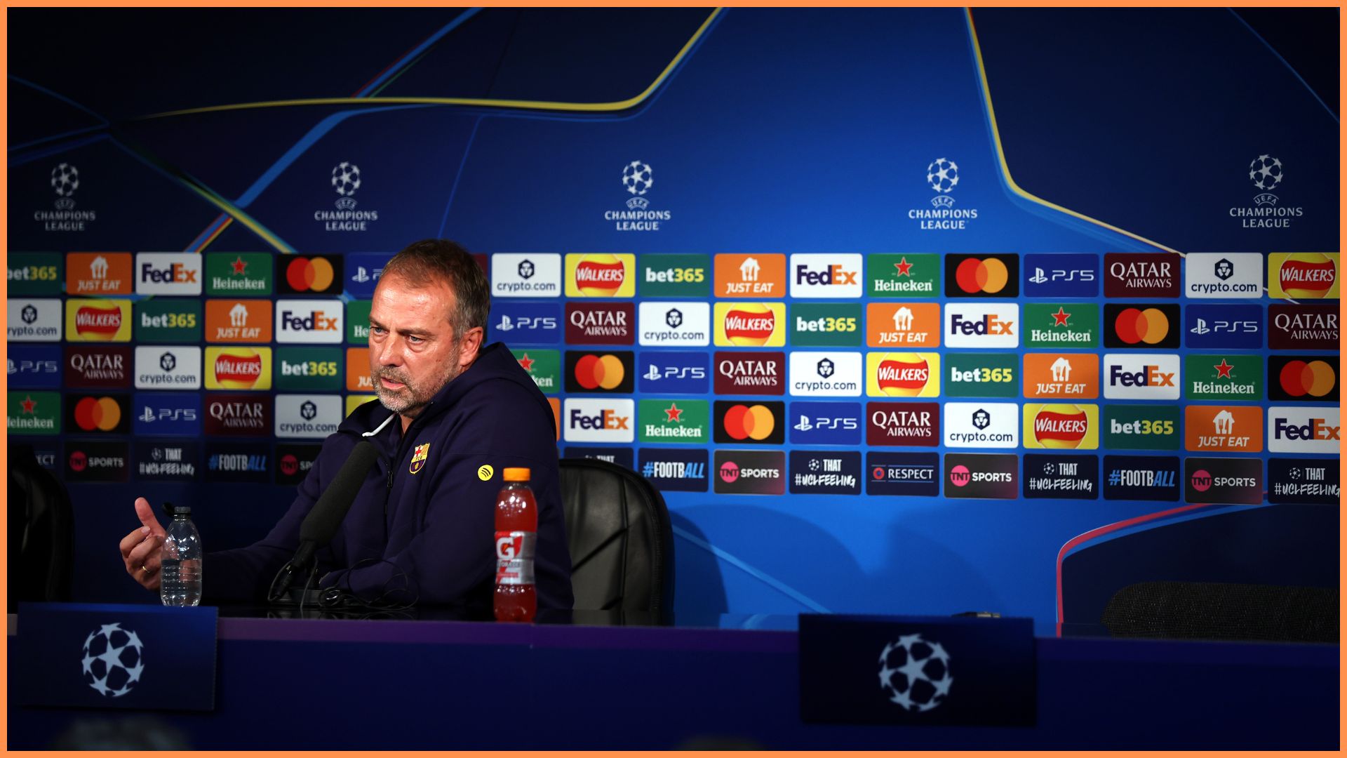 NEWCASTLE UPON TYNE, ENGLAND - SEPTEMBER 17: Hansi Flick, Head Coach of FC Barcelona, speaks to the media during a press conference ahead of the UEFA Champions League 2025/26 League Phase MD1 against Newcastle United at St James' Park on September 17, 2025 in Newcastle upon Tyne, England.