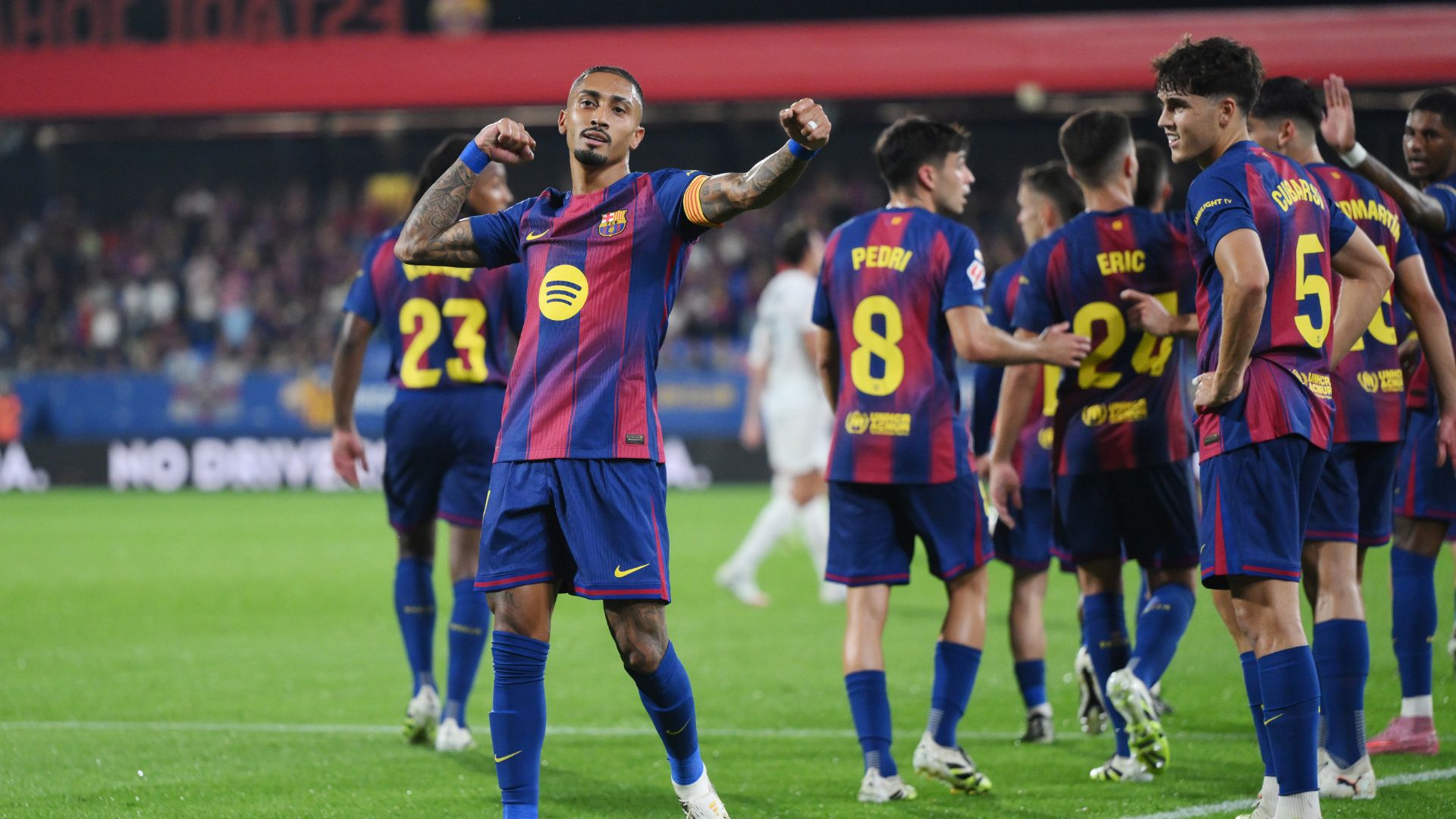 BARCELONA, SPAIN - SEPTEMBER 14: Raphinha of FC Barcelona celebrates scoring his team's second goal during the LaLiga EA Sports match between FC Barcelona and Valencia CF at Estadi Johan Cruyff on September 14, 2025 in Barcelona, Spain.