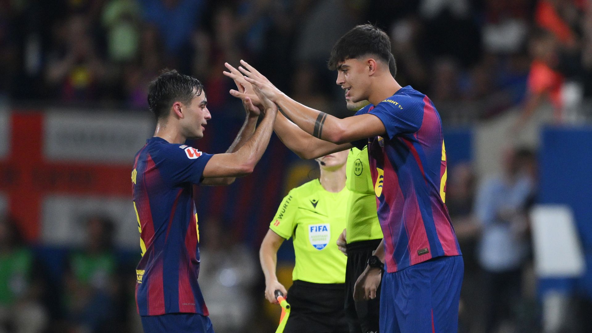 BARCELONA, SPAIN - SEPTEMBER 14: Marc Bernal of FC Barcelona substitutes teammate Pedri during the LaLiga EA Sports match between FC Barcelona and Valencia CF at Estadi Johan Cruyff on September 14, 2025 in Barcelona, Spain.
