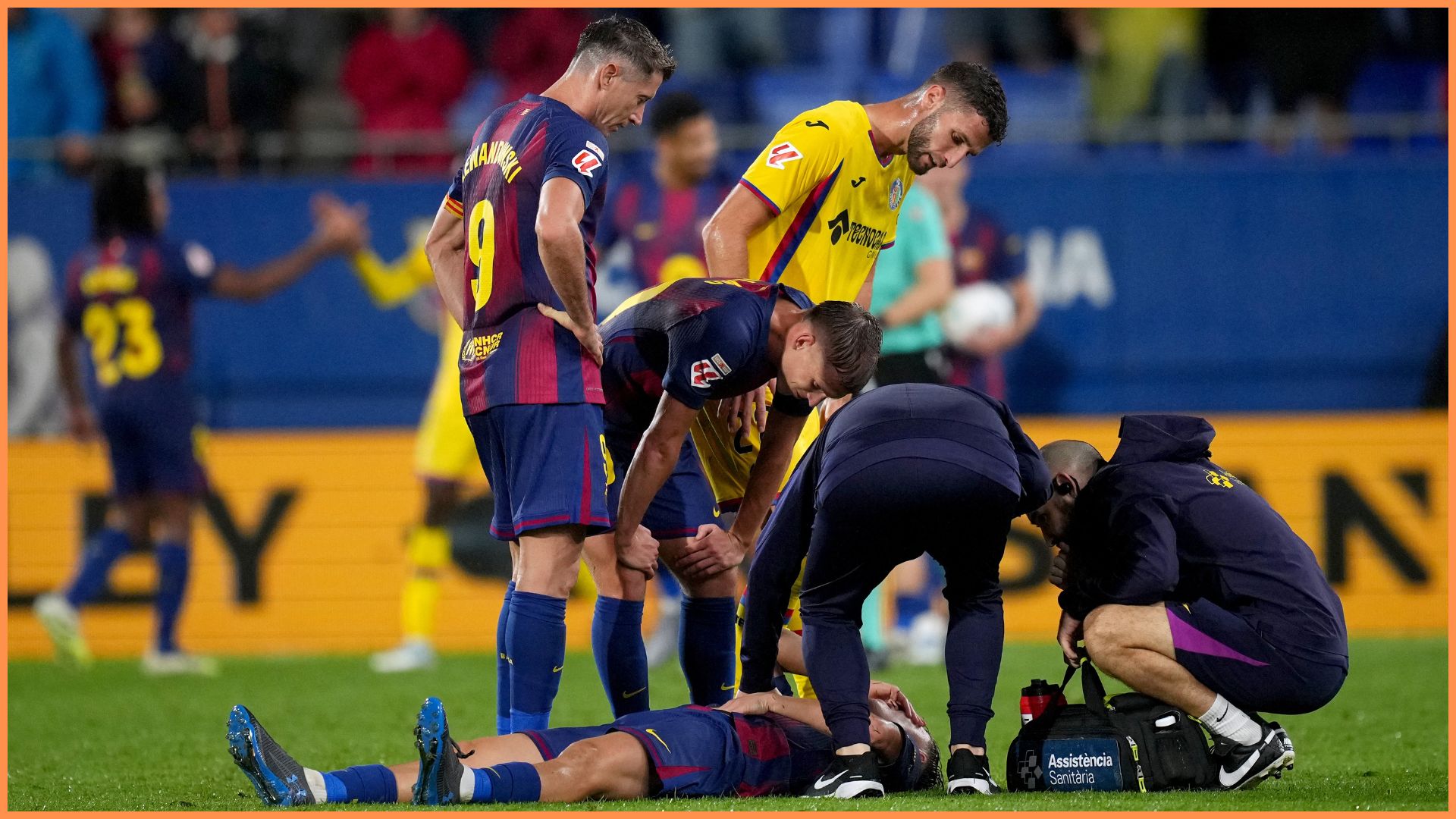 BARCELONA, SPAIN - SEPTEMBER 21: Fermin Lopez of FC Barcelona requires medical attention at the end of the LaLiga EA Sports match between FC Barcelona and Getafe CF at Estadi Johan Cruyff on September 21, 2025 in Barcelona, Spain.