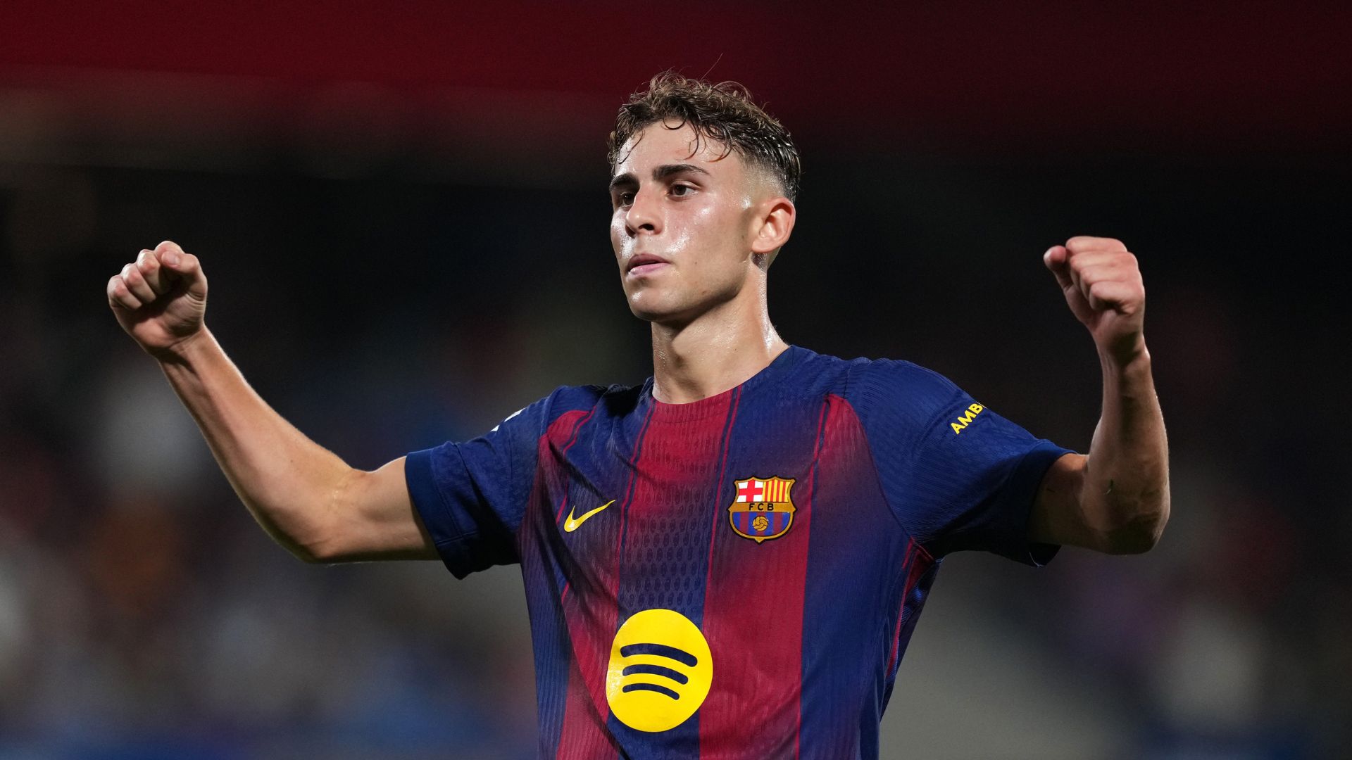 BARCELONA, SPAIN - SEPTEMBER 14: Fermin Lopez of FC Barcelona celebrates scoring his team's first goal during the LaLiga EA Sports match between FC Barcelona and Valencia CF at Estadi Johan Cruyff on September 14, 2025 in Barcelona, Spain.
