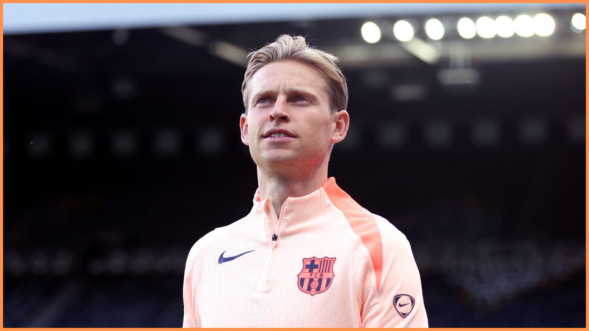 NEWCASTLE UPON TYNE, ENGLAND - SEPTEMBER 17: Frenkie de Jong of FC Barcelona looks on during a training session ahead of the UEFA Champions League 2025/26 League Phase MD1 against Newcastle United at St James' Park on September 17, 2025 in Newcastle upon Tyne, England.