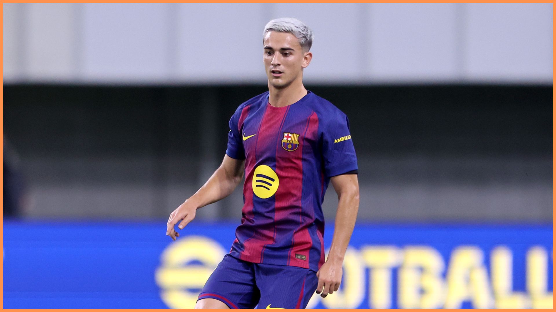 FC Barcelona midfielder Gavi controls the ball in a preseason friendly against Vissel Kobe.